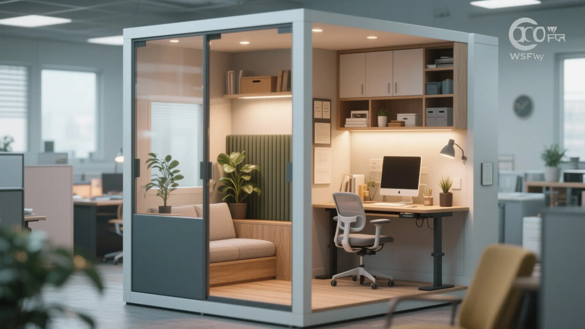 Modern glass private office pod with small sofa wooden desk computer chair shelves and plants