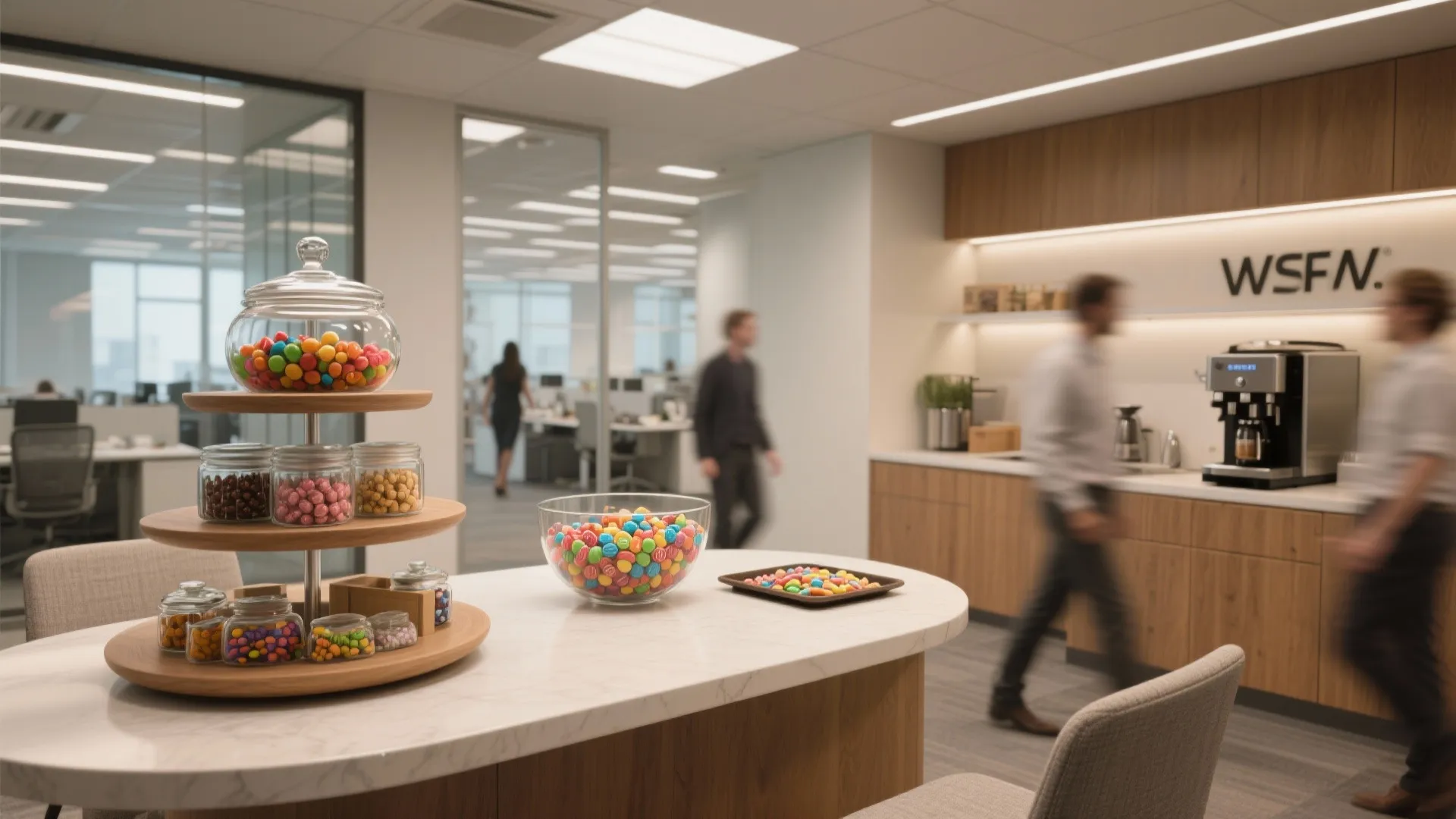 Modern office breakroom with candy jars on marble table and coffee station in the background