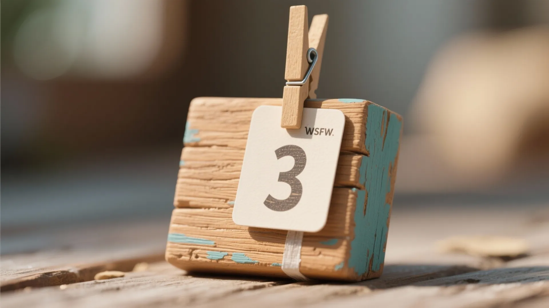 Macro view of a painted wood block with a clothespin clipped to a printed table number.
