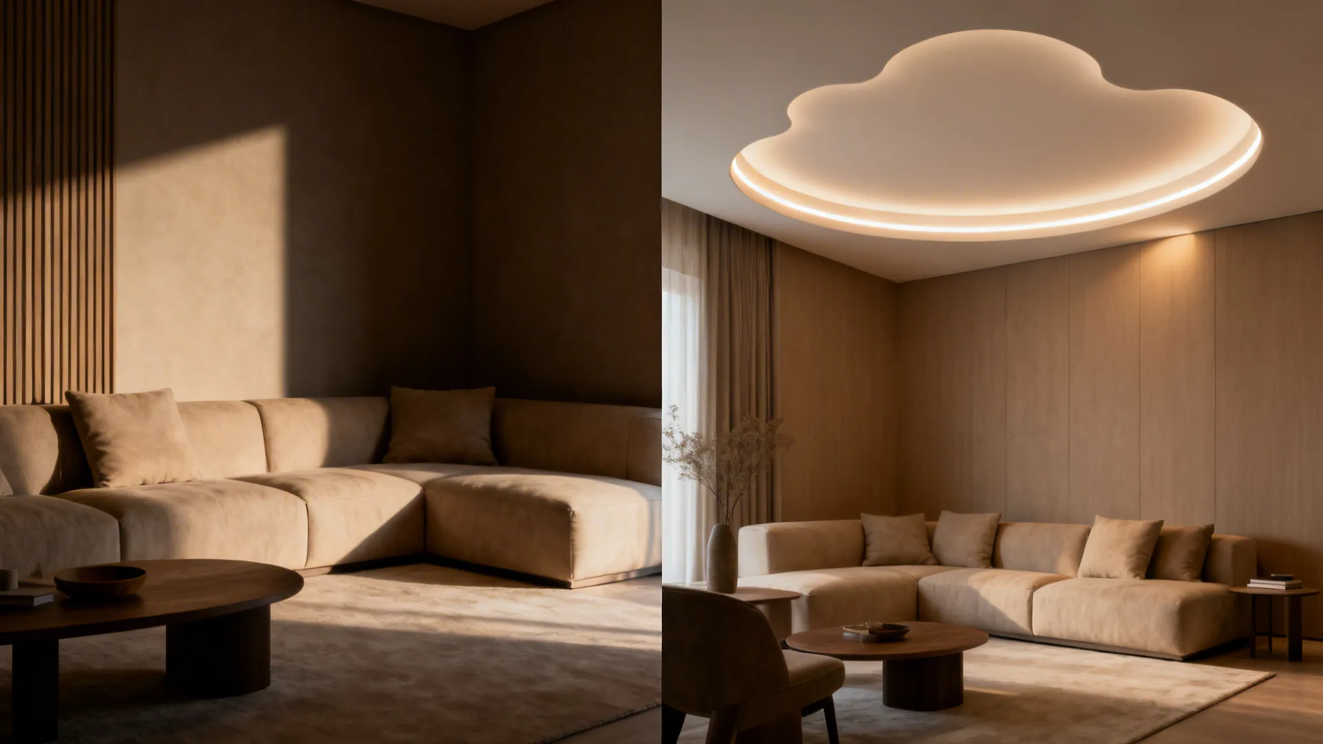 Before and after comparison showing a dark living room versus adding a cloud shaped light