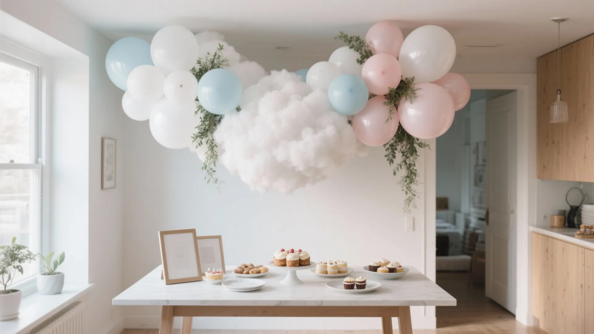 Soft Cloud Garland Over the Dessert Table