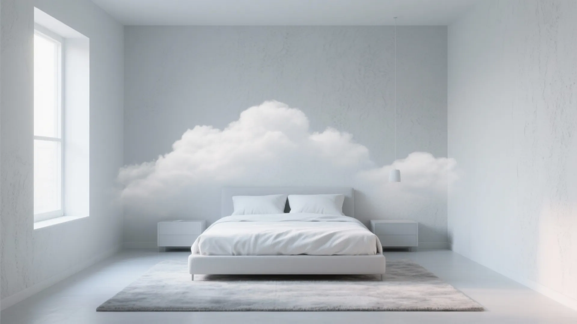 Minimalist white bedroom with a large cloud floating above a bed near a bright window