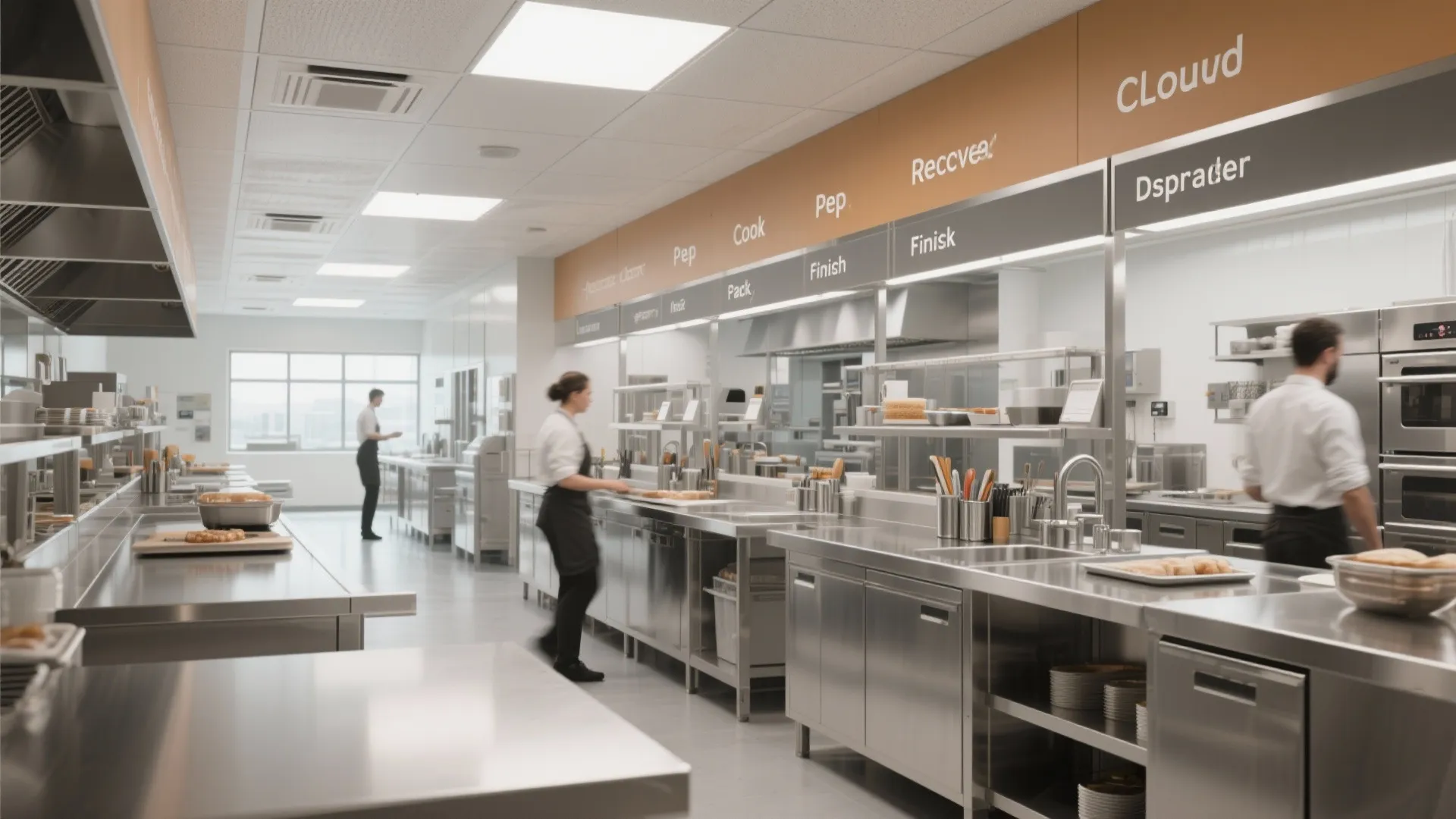 Modern commercial kitchen with stainless steel counters workers and labeled signs for prep and cooking