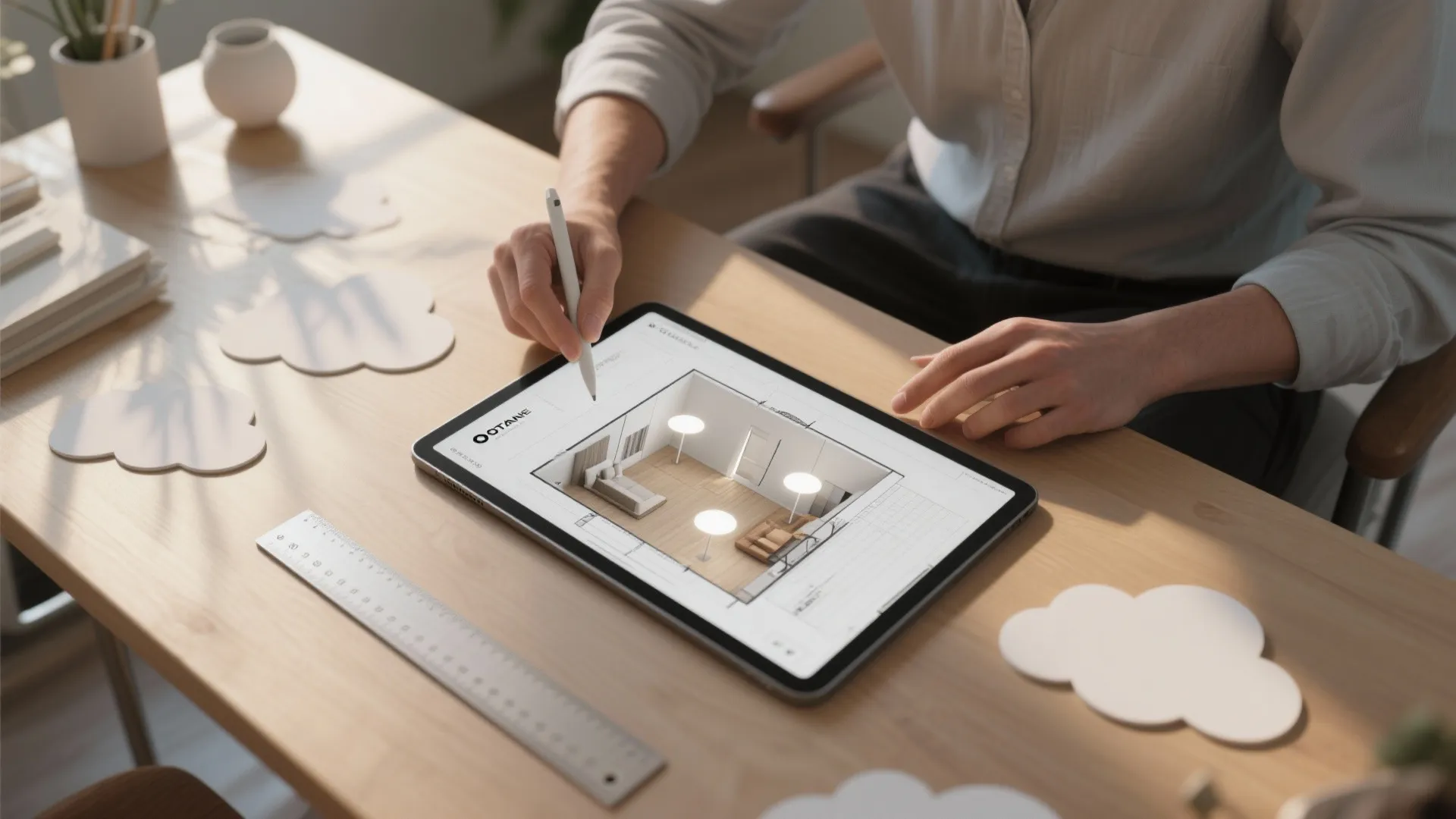 Designer using a digital pen on a tablet to create a 3D interior design drawing
