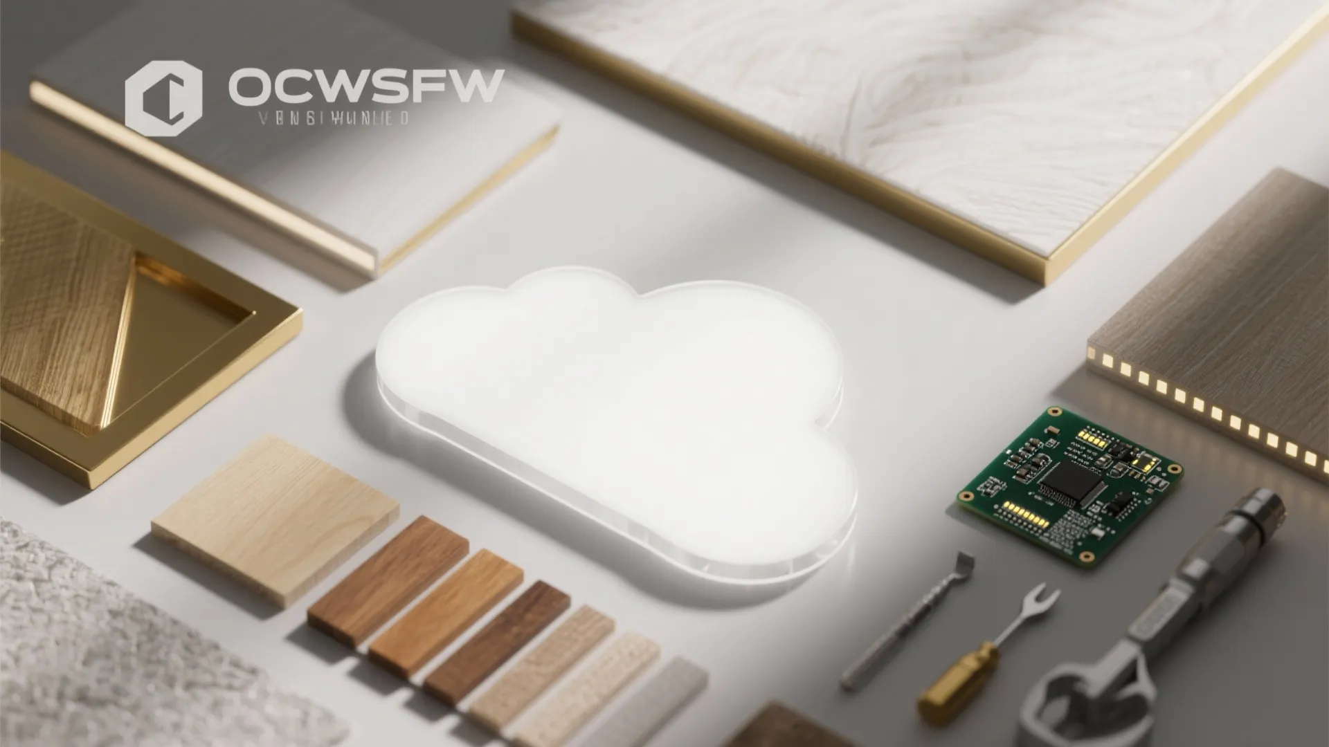 Interior design materials with cloud shaped light fixture wood samples and circuit board on white table