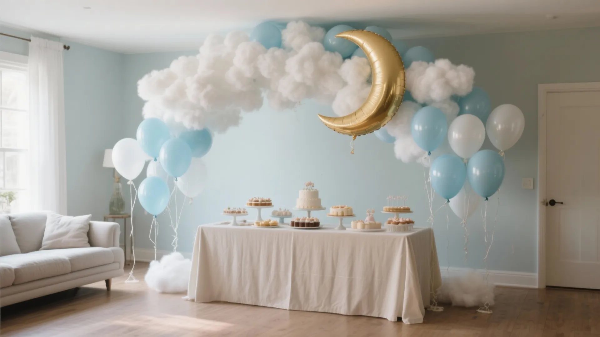 Cloud & Moon Balloon Arch Above the Dessert Table