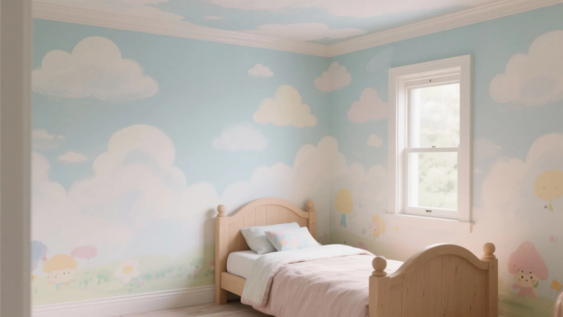Child's bedroom with a soft, low-sheen cloud mural painted with diluted ceiling paint across the wall and ceiling junction.