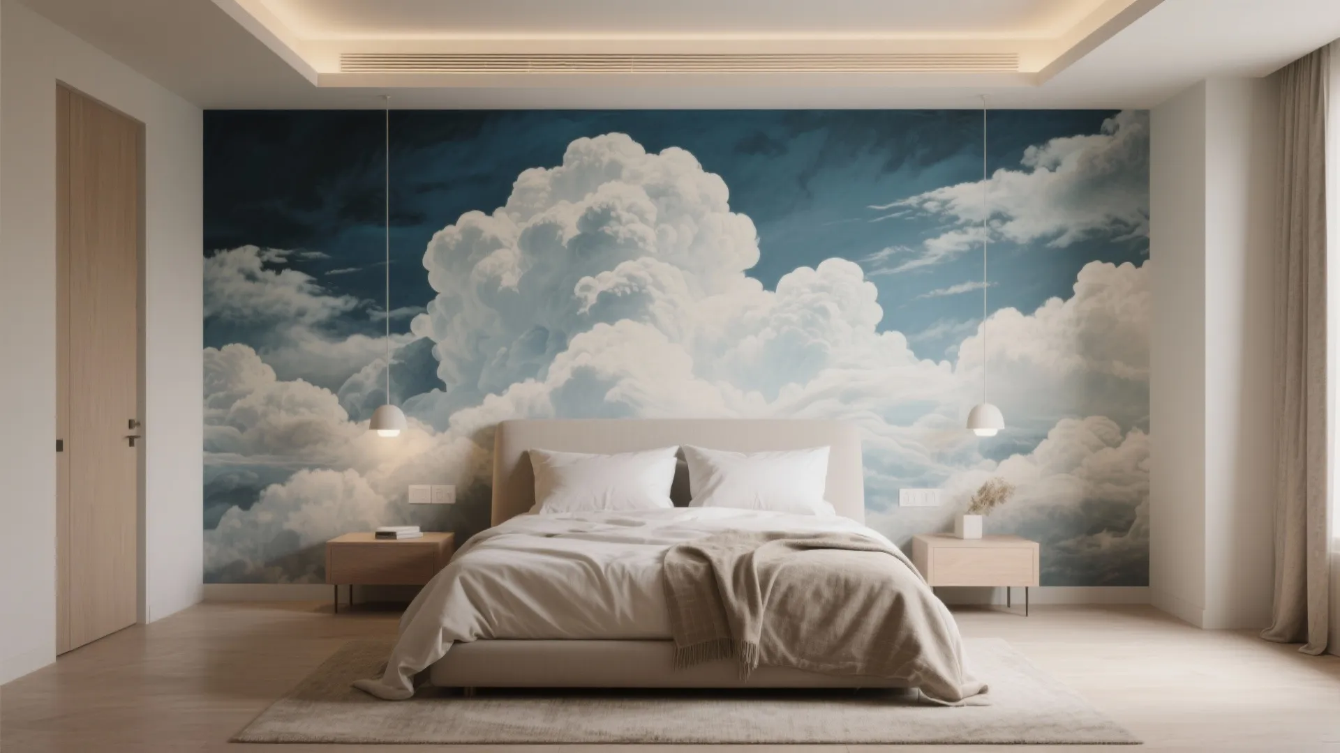 Modern bedroom with large cloud wall art beige bed white pillows and two wooden nightstands
