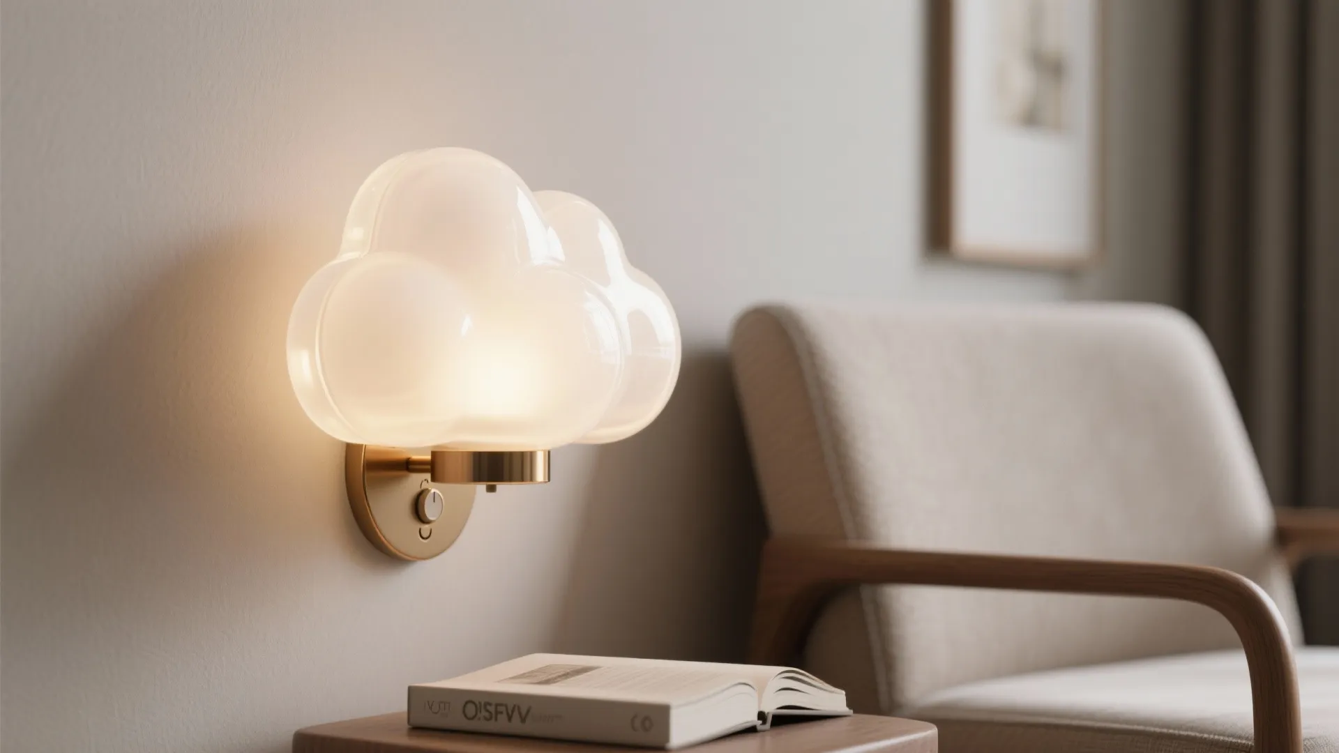 Modern cloud shaped wall light mounted on a beige wall next to a cozy lounge chair