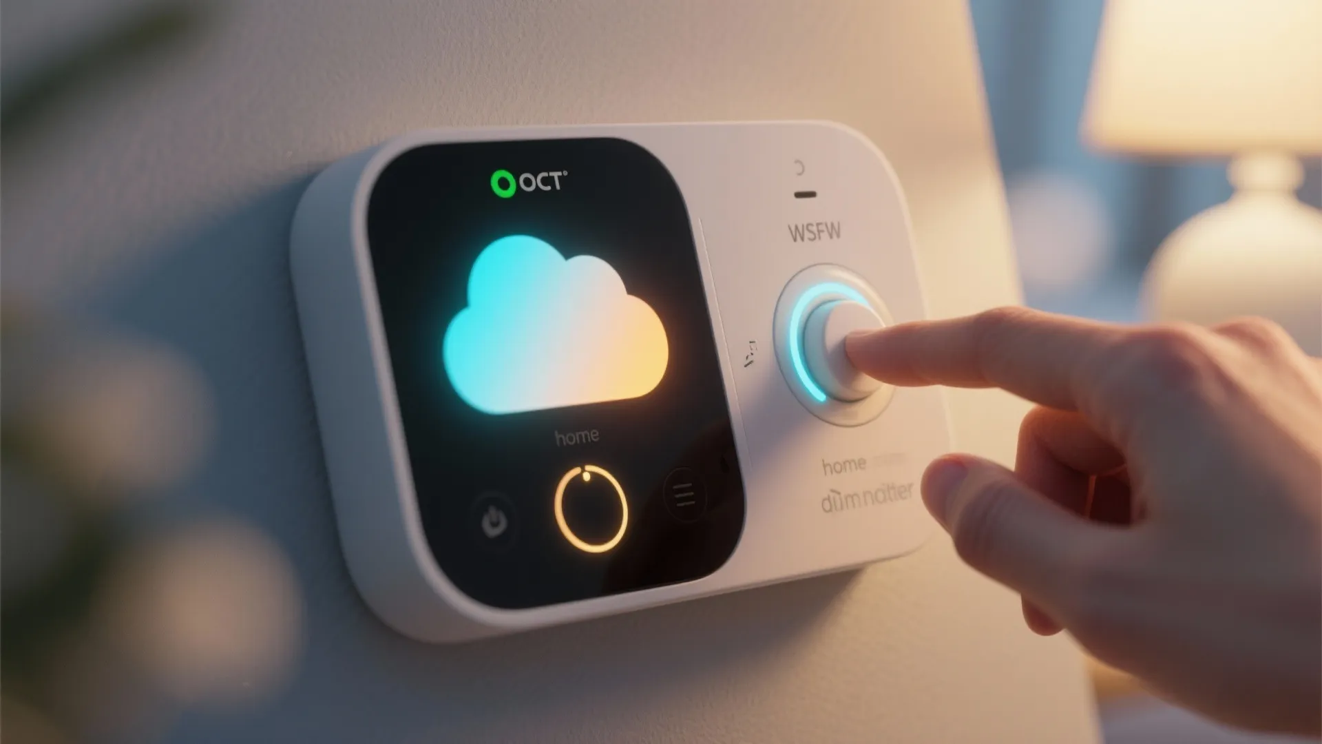 Smart home control panel with a glowing cloud icon being adjusted by a human finger
