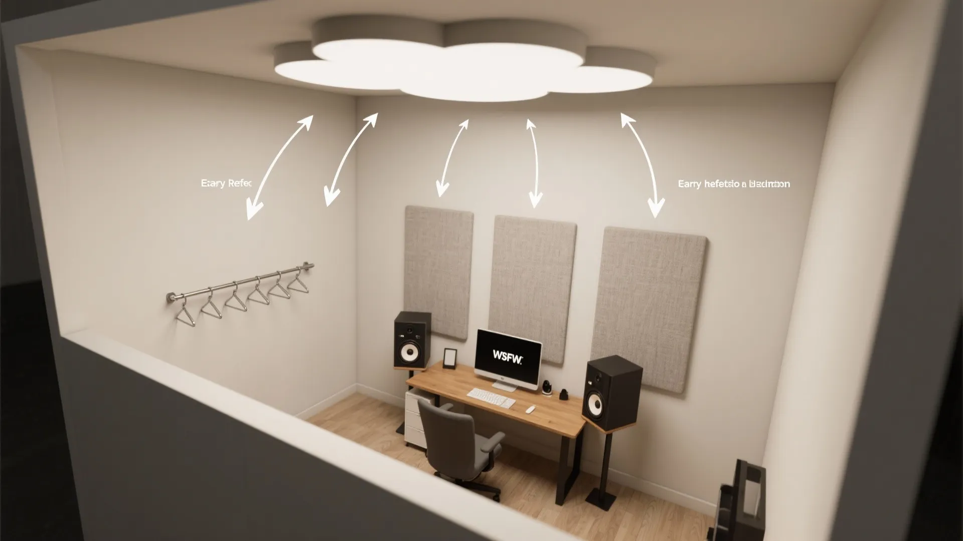 Top-down view highlighting a ceiling cloud positioned over the listening spot to intercept early reflections.