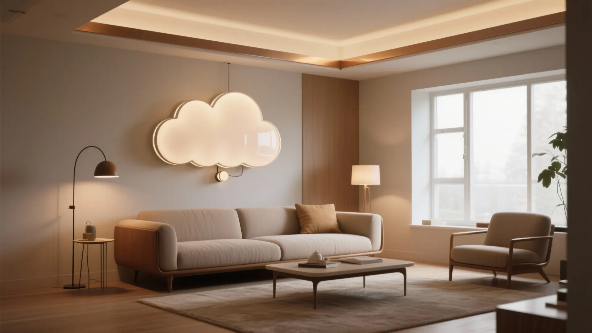 Modern living room with a large cloud wall light above a beige sofa and armchair