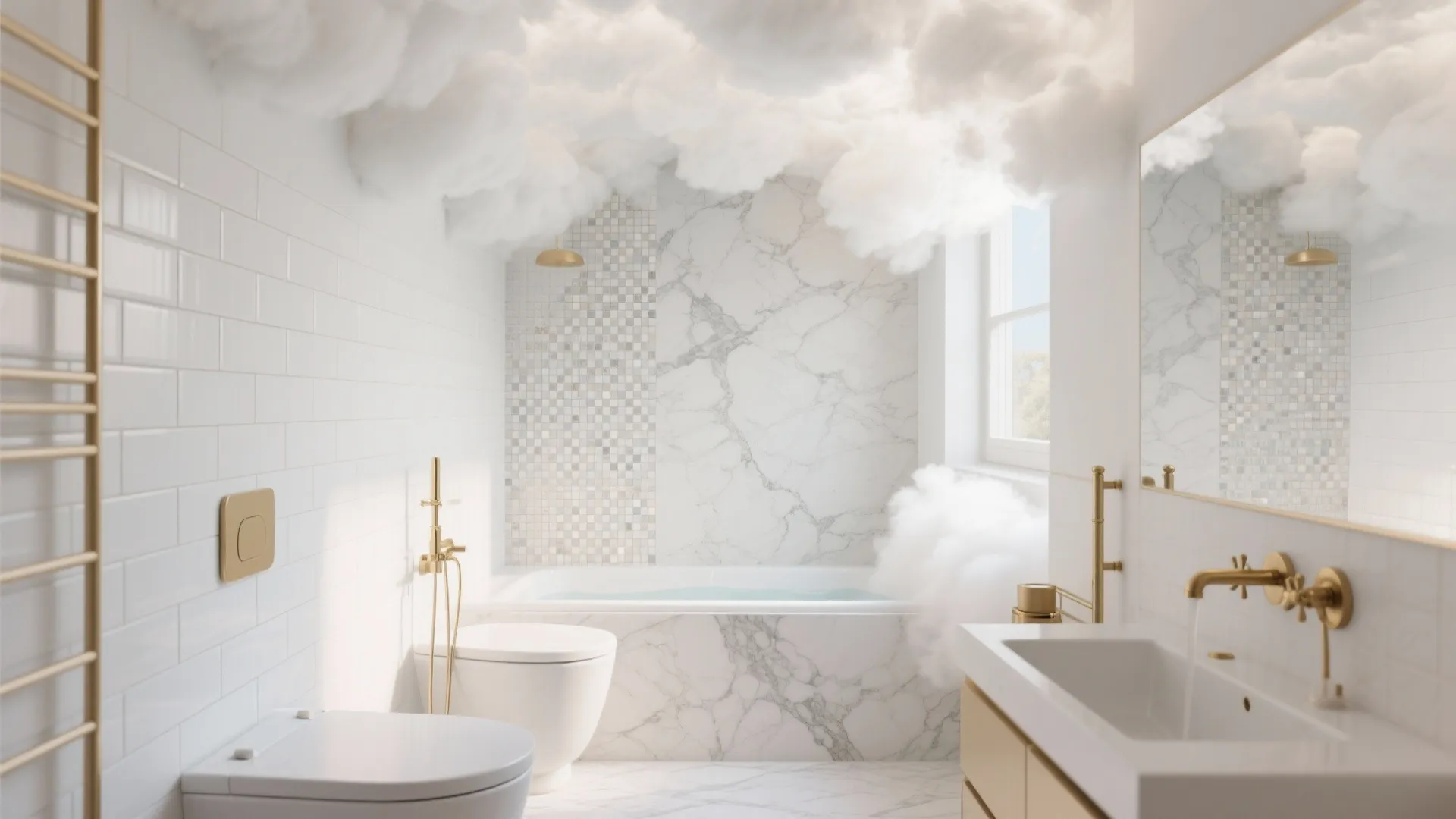 Dreamy white bathroom featuring marble tiles gold fixtures bathtub toilet and cloud like decorations on ceiling