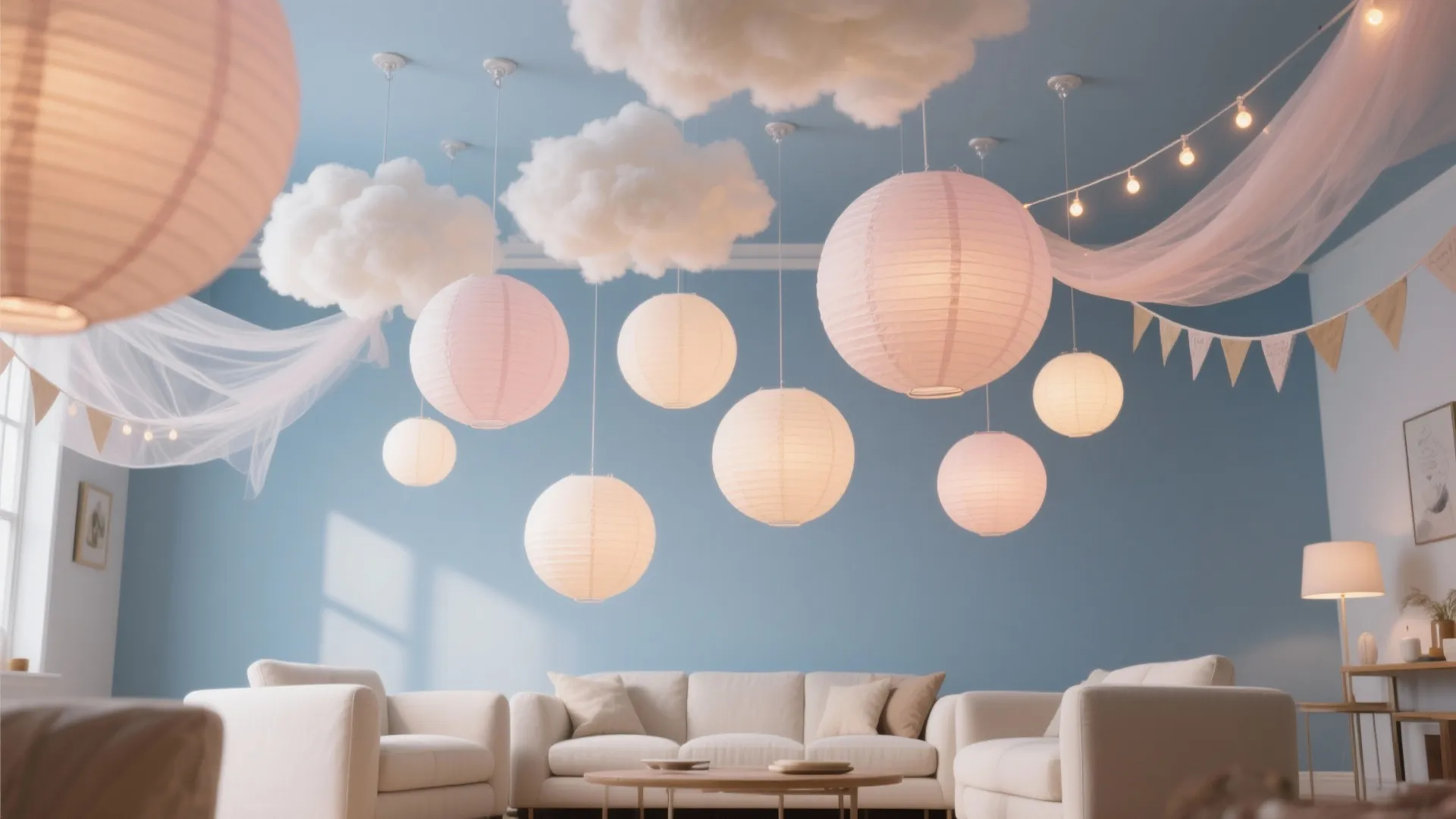 Floating “Clouds” and Soft Bunting: Light, Rental‑Friendly Drama