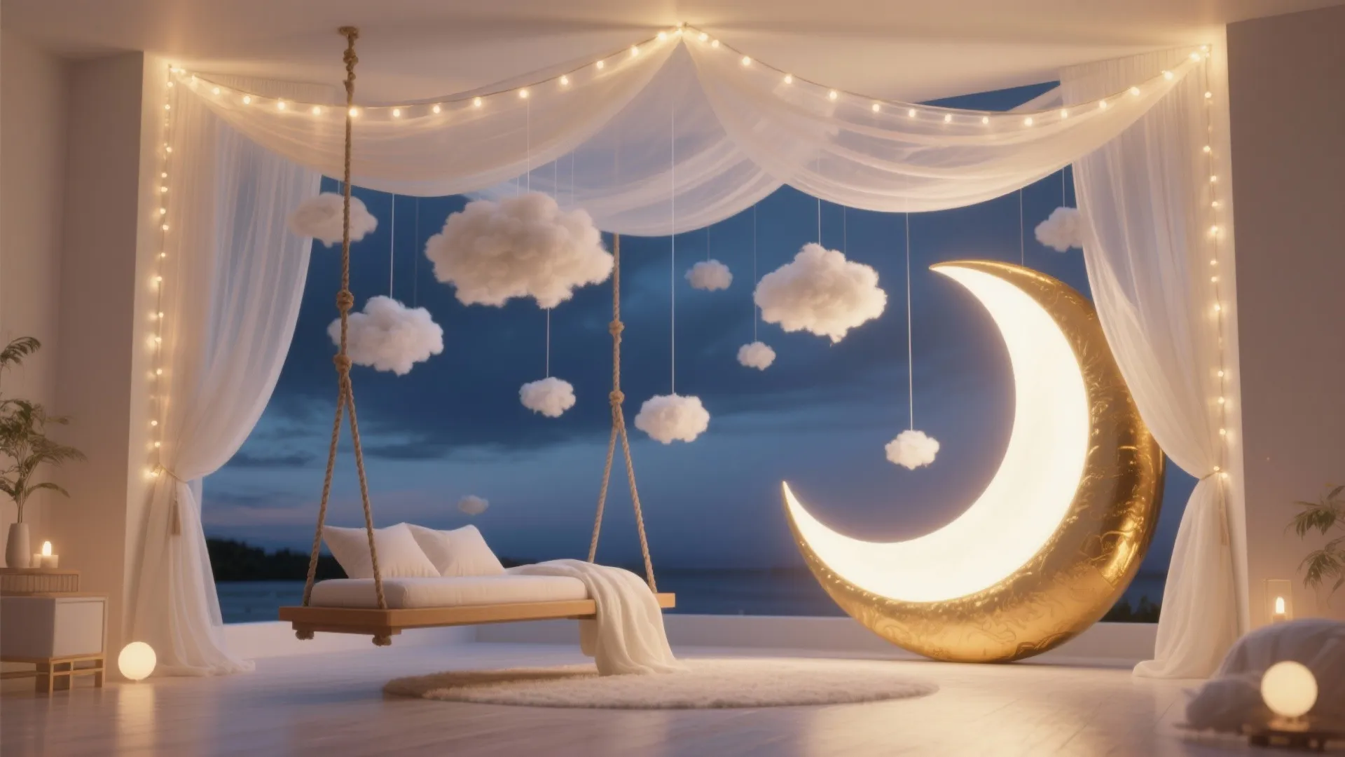 Whimsical Clouds & Moon: Balloons, Canopy, and Soft Lighting