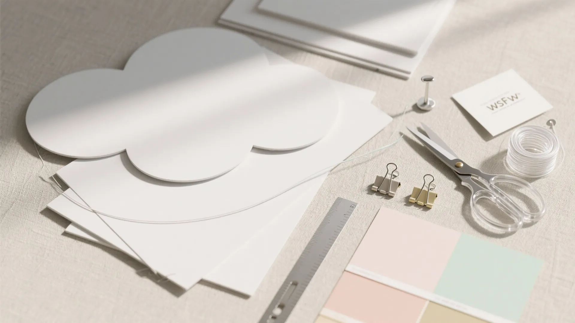 Flat lay of white cloud paper cutouts with scissors ruler binder clips and colorful paint