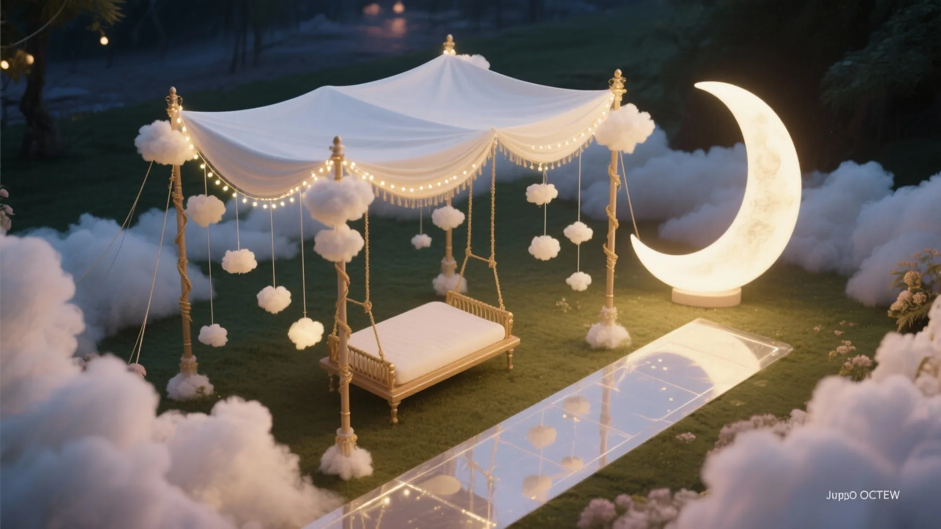 Whimsical Clouds & Moon: Balloons, Canopy, and Soft Lighting