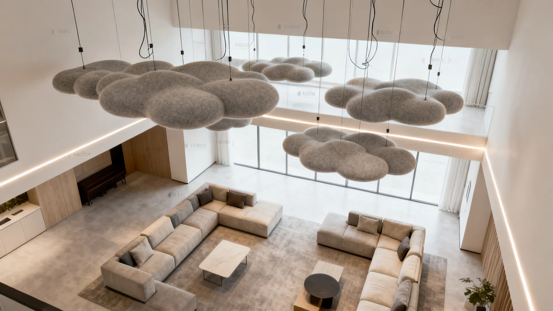 Top-down view showing clustered acoustic cloud layout over seating zones with LED glow.