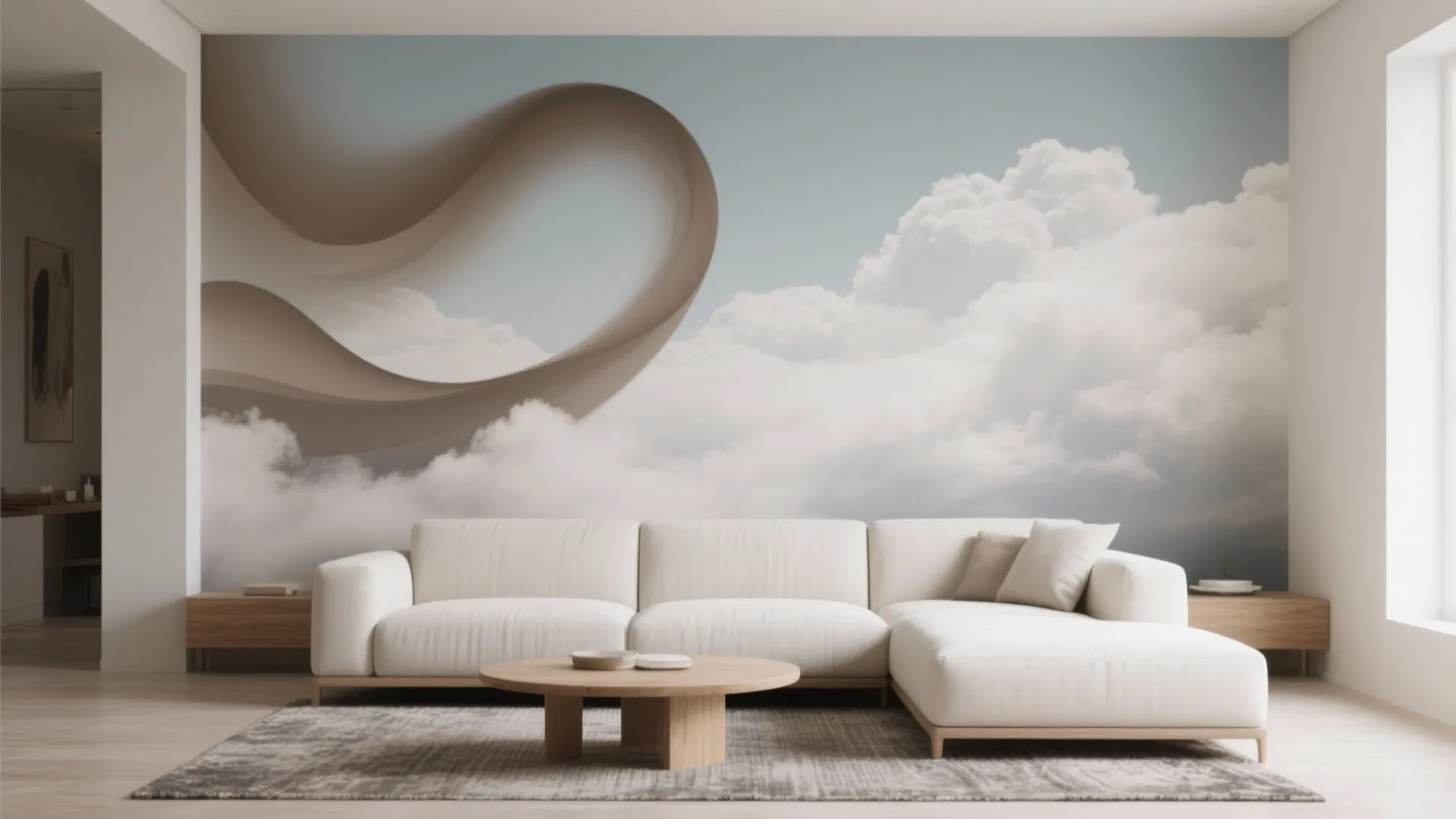 Modern living room featuring a white sofa wood coffee table and cloud pattern wall mural