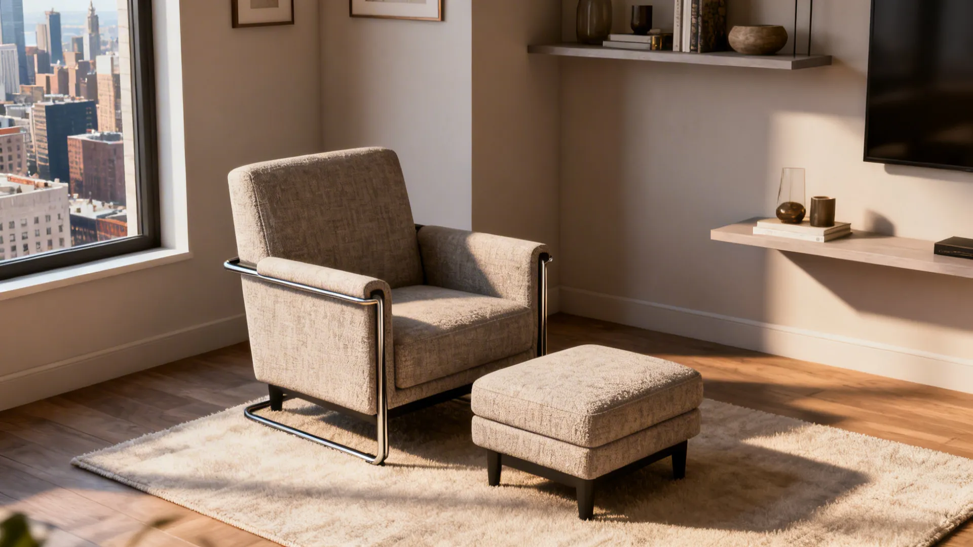 Compact club chair with track arms paired with ottoman and floating shelf in a city apartment corner.