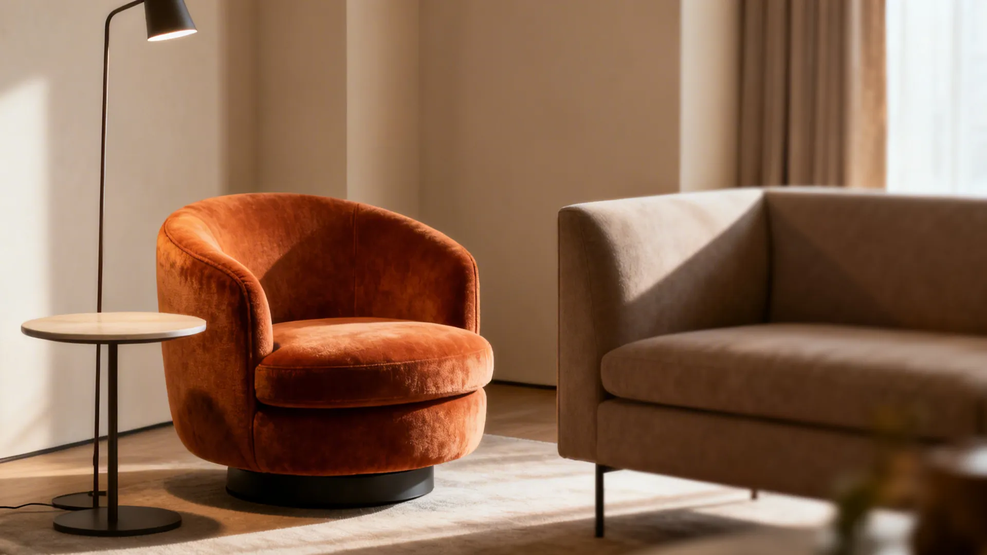 Modern living room with orange velvet chair, small side table, black floor lamp, and grey sofa