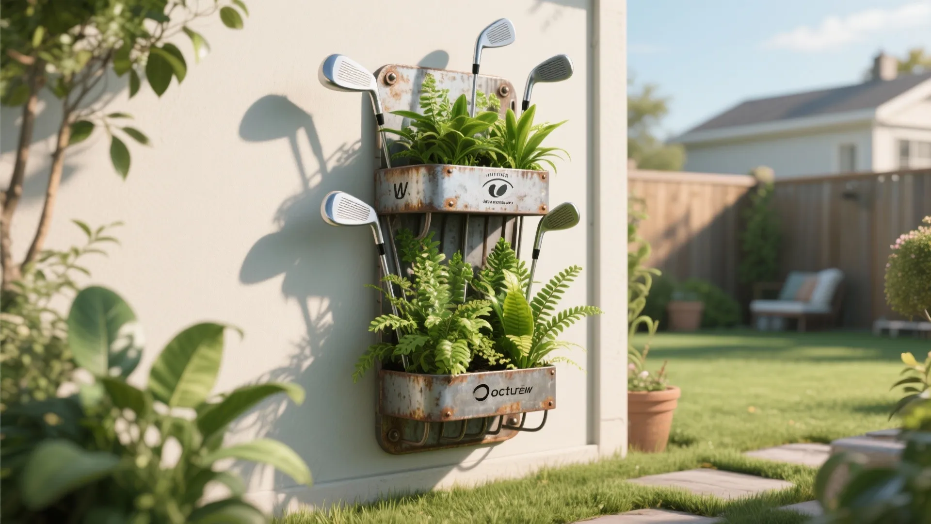 Metal wall shelf used as a garden plant stand holding green plants and golf clubs