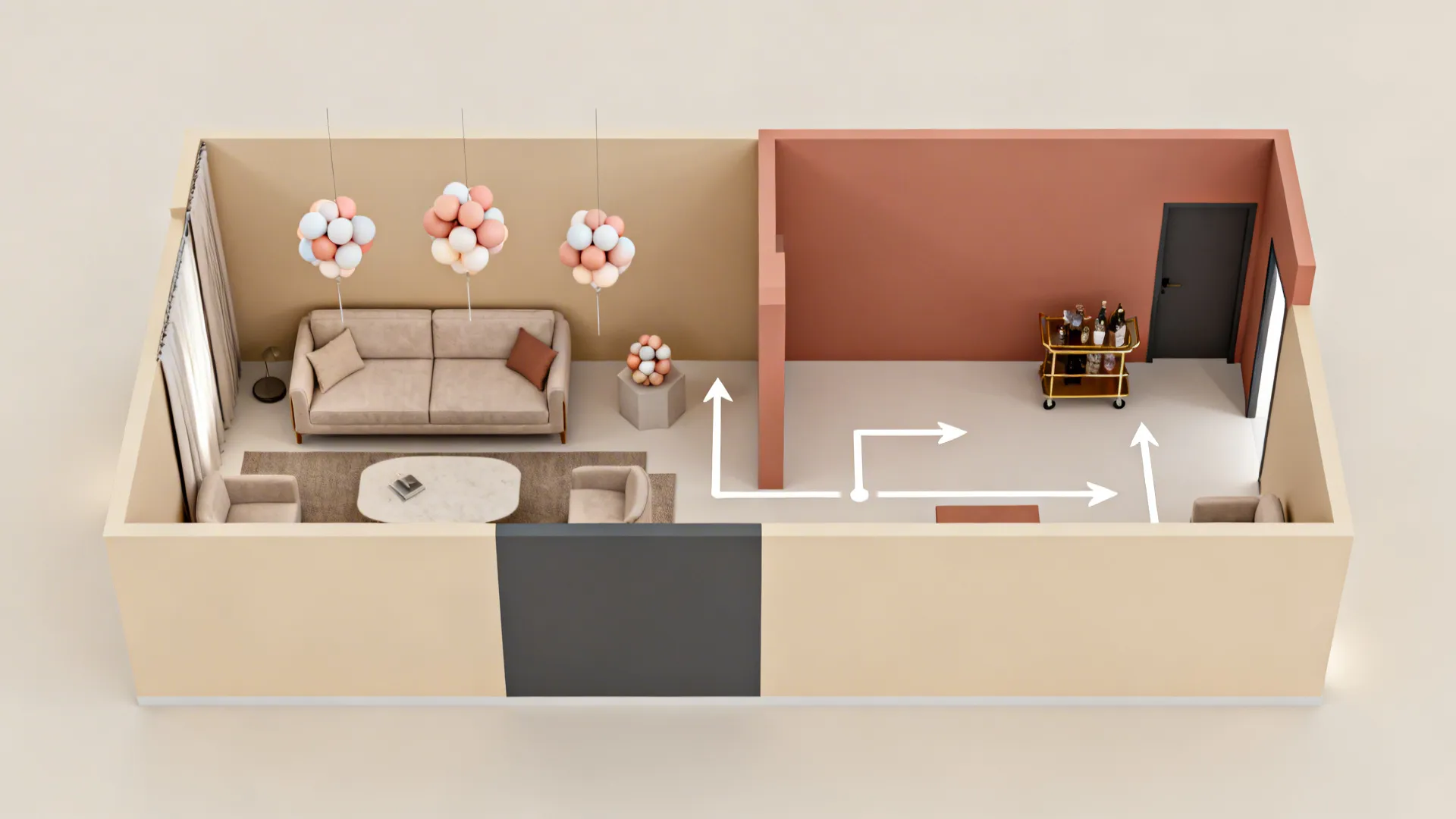Interior design drawing showing a living room layout with arrows indicating furniture placement and movement