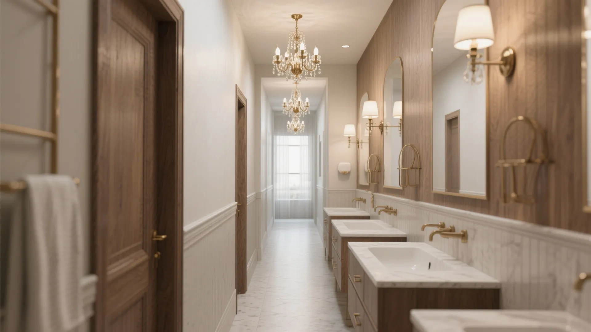 Long narrow bathroom with three mini chandeliers spaced evenly along the ceiling.