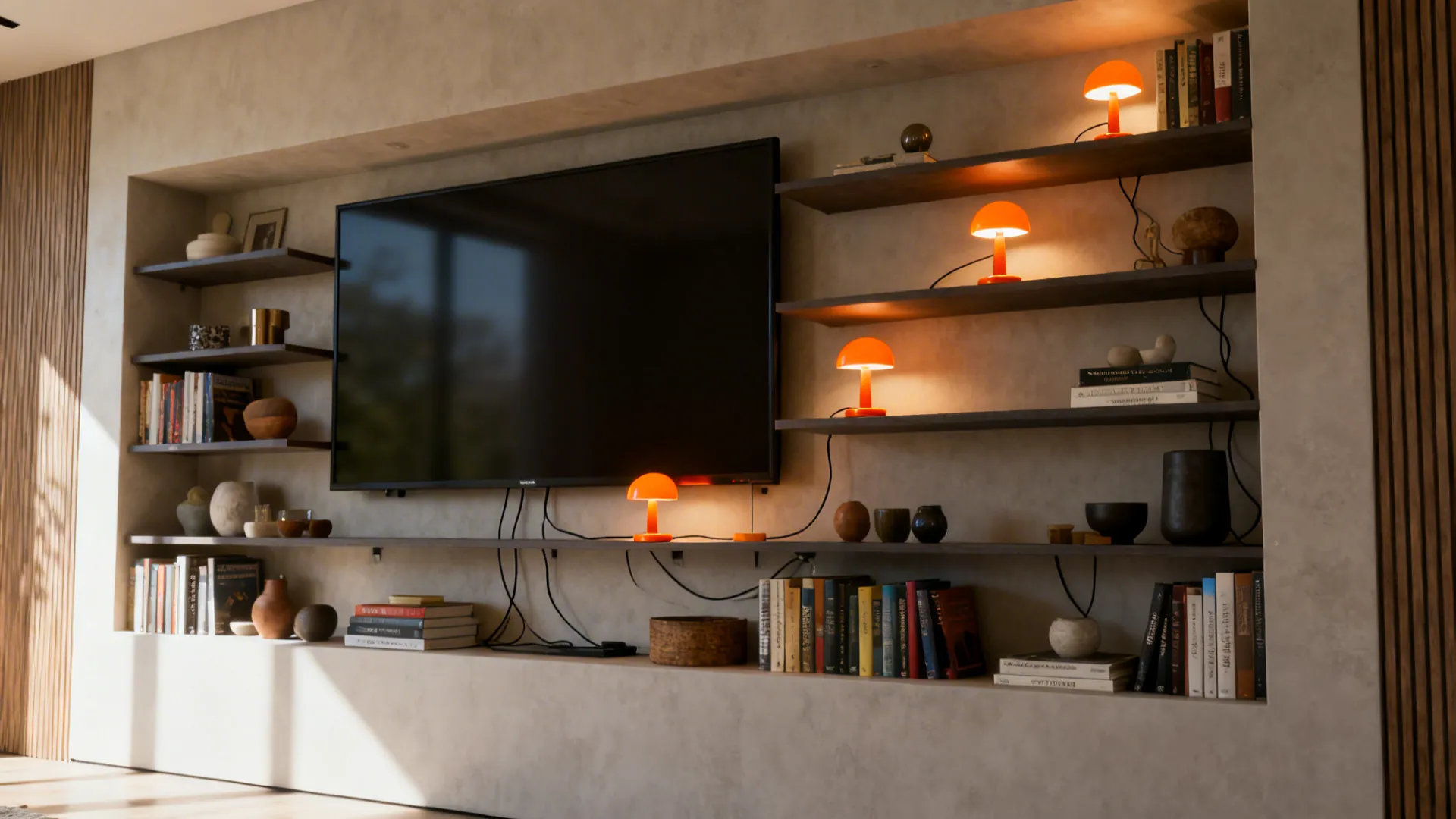 Shelved nook with a trio of mini orange lamps staggered across shelves for depth and playful rhythm.