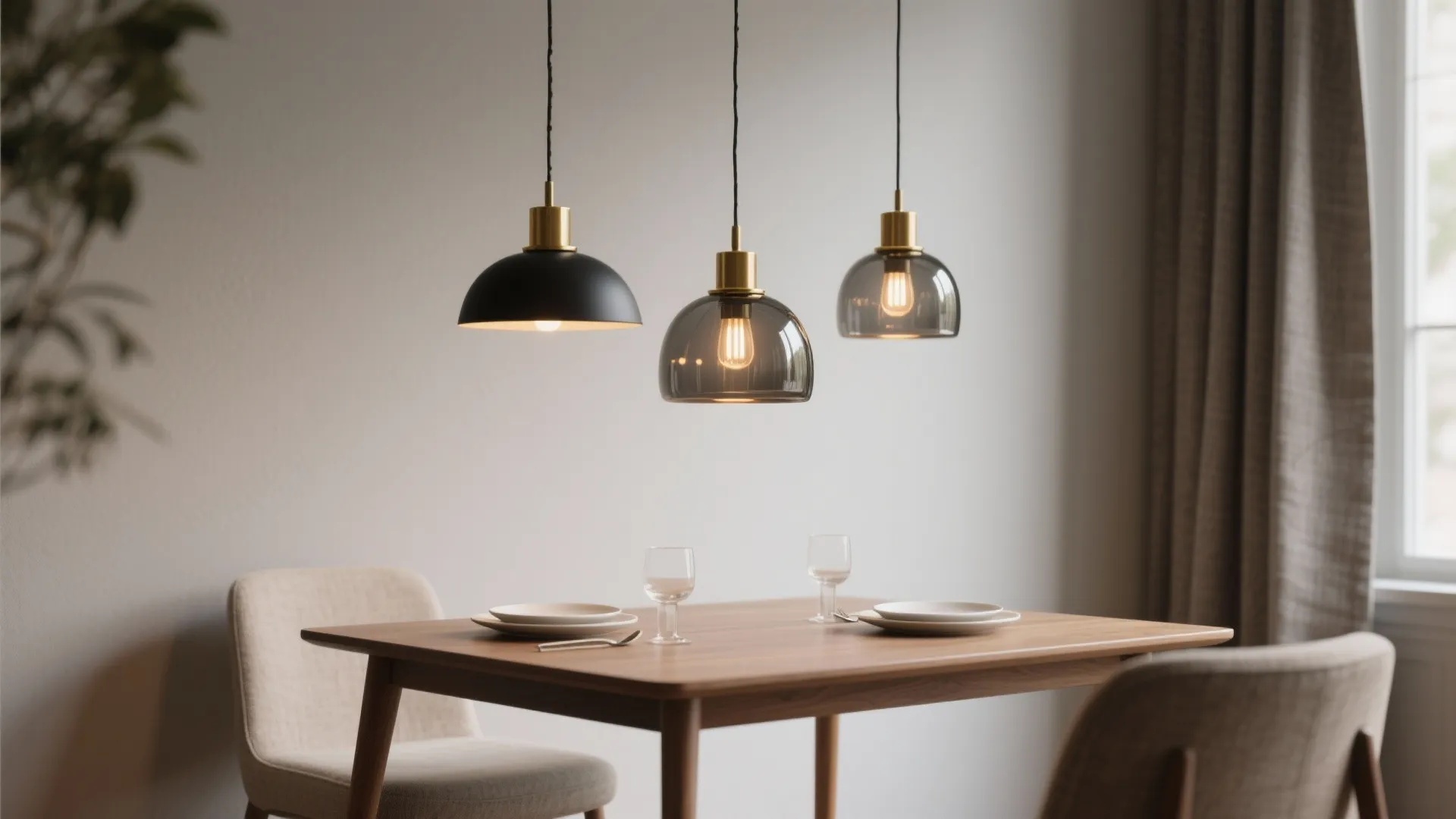 Three hanging ceiling lights over a wooden dining table with white plates and two glasses