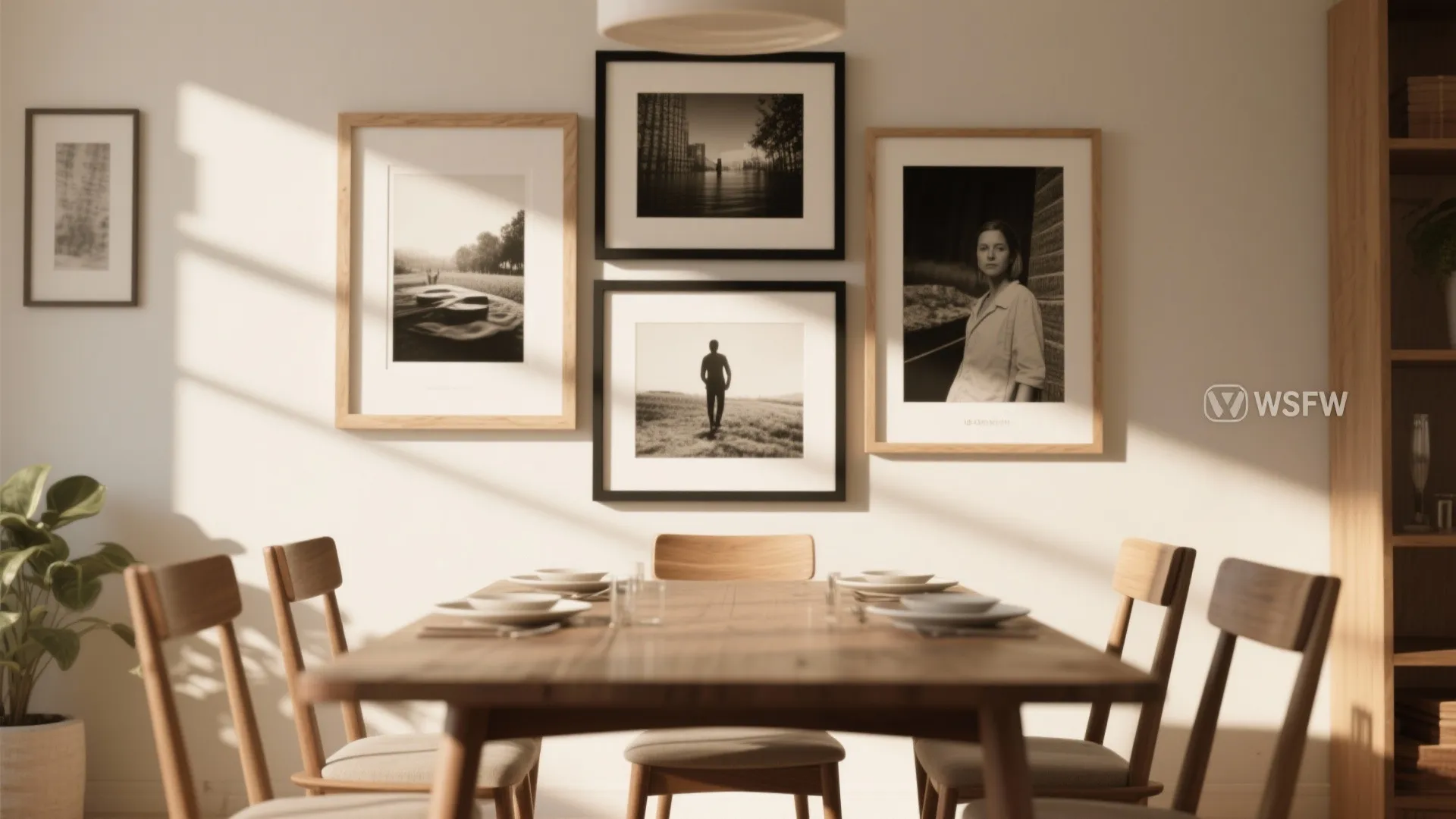 Wooden dining table with chairs under framed wall art displaying black and white photography prints