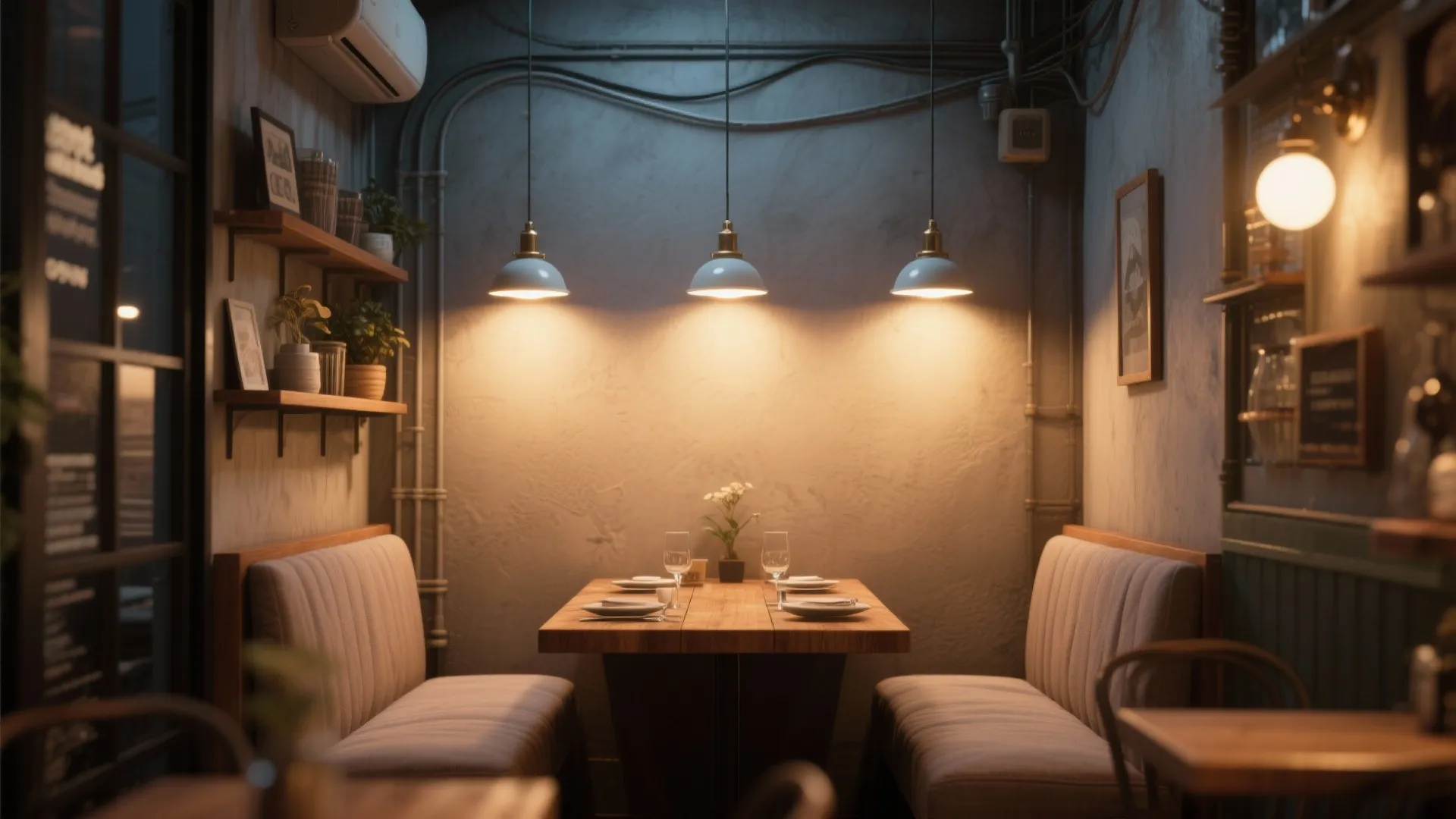 Cozy restaurant dining booth with wooden table three ceiling lights two sofas and wall shelves