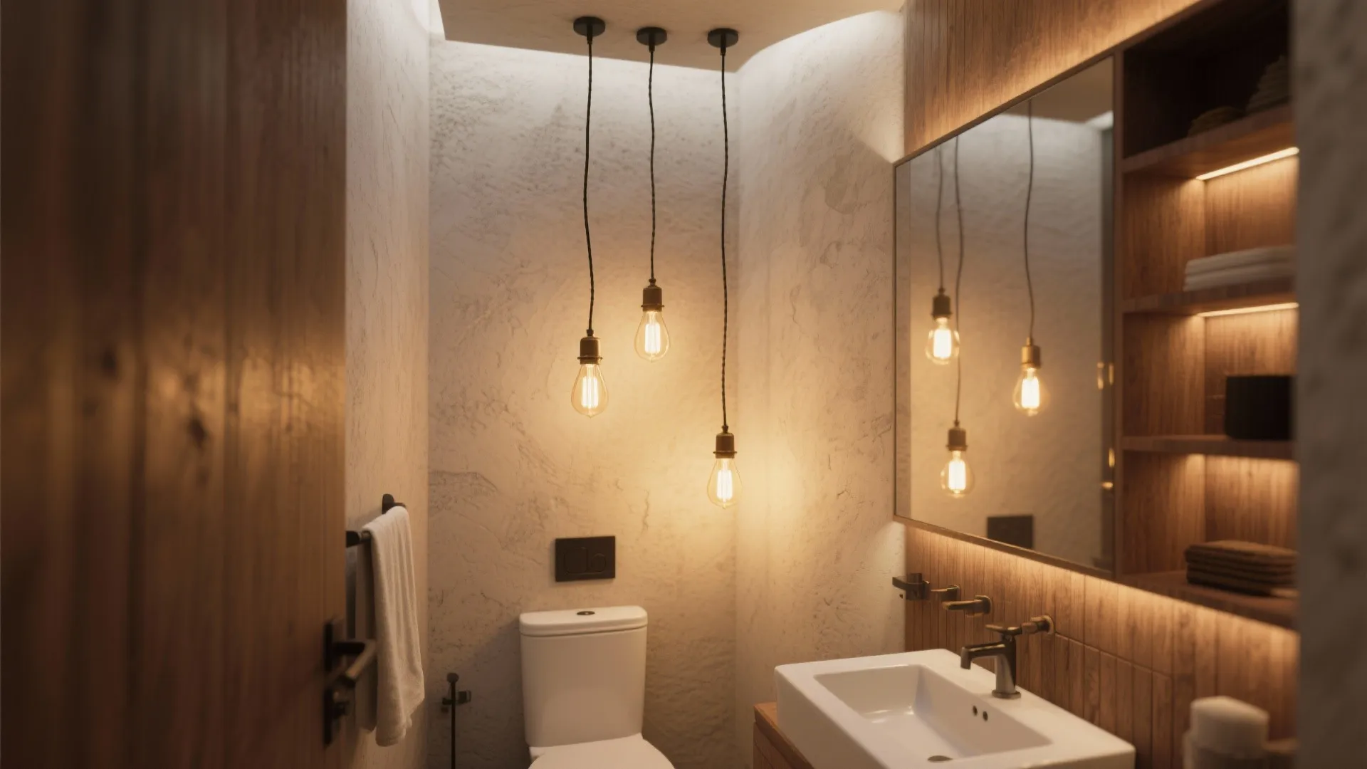 Modern small bathroom with three hanging ceiling lights white toilet sink mirror and wood walls