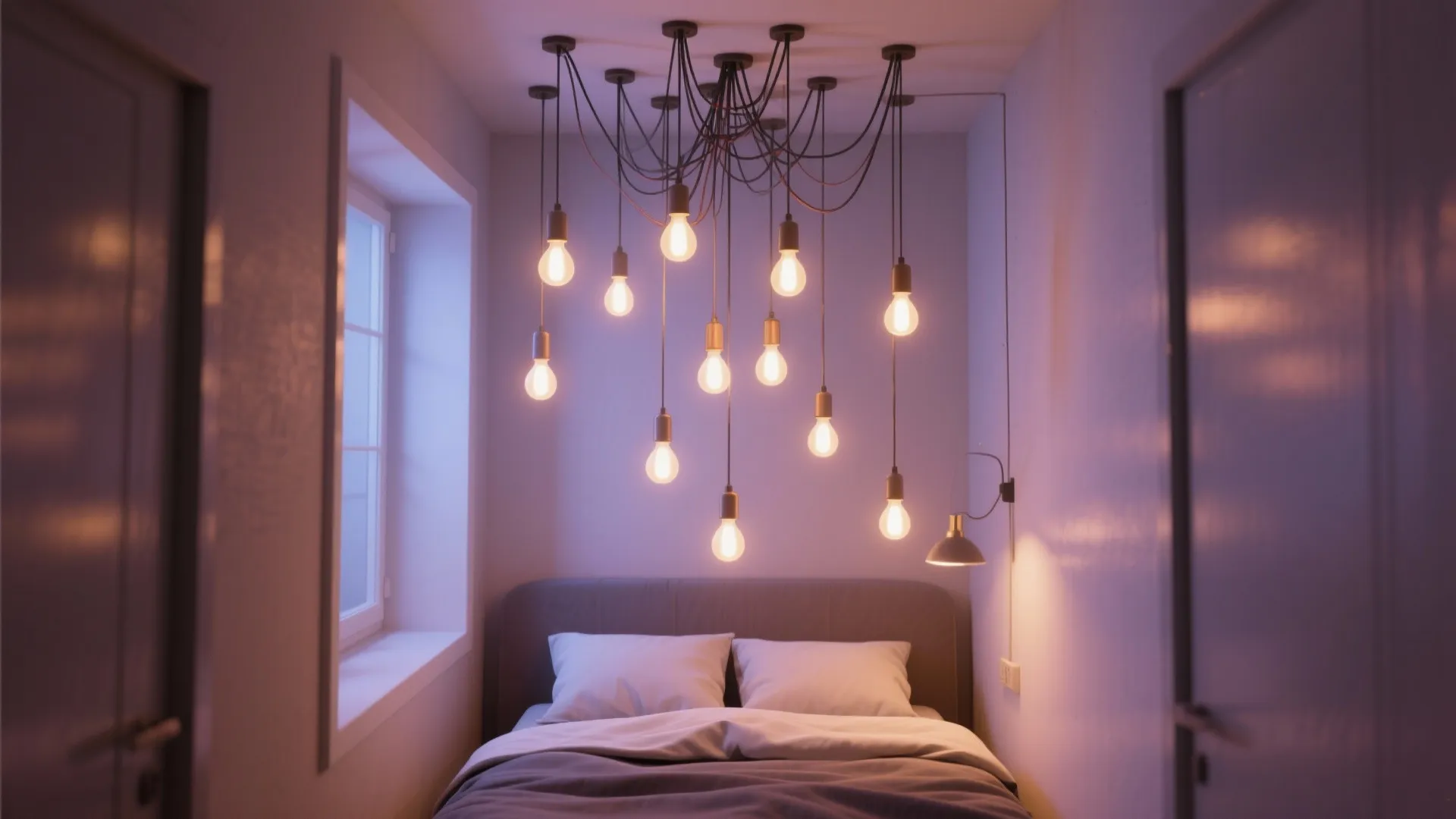 Cluster of small pendant lights hung at varying heights above a narrow bed in a small bedroom.