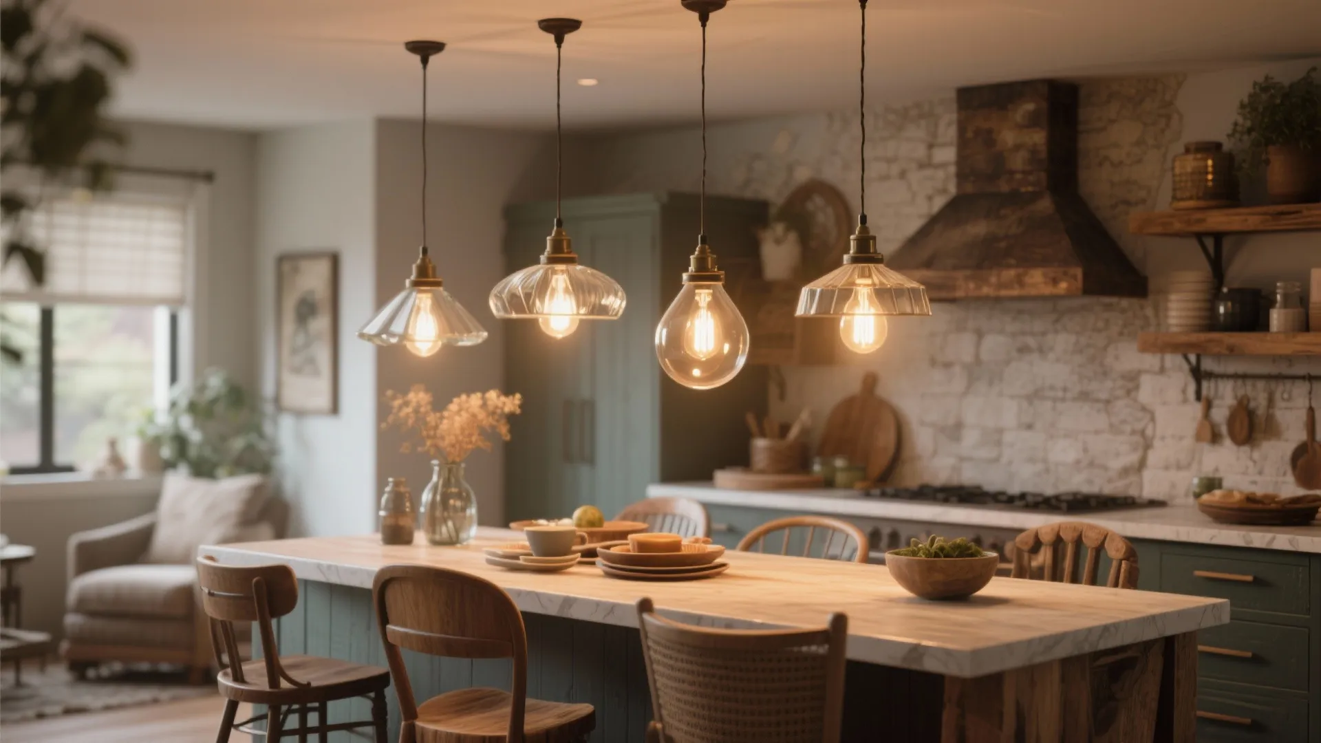 Four glass ceiling lights hanging over a wooden kitchen island with four brown chairs around