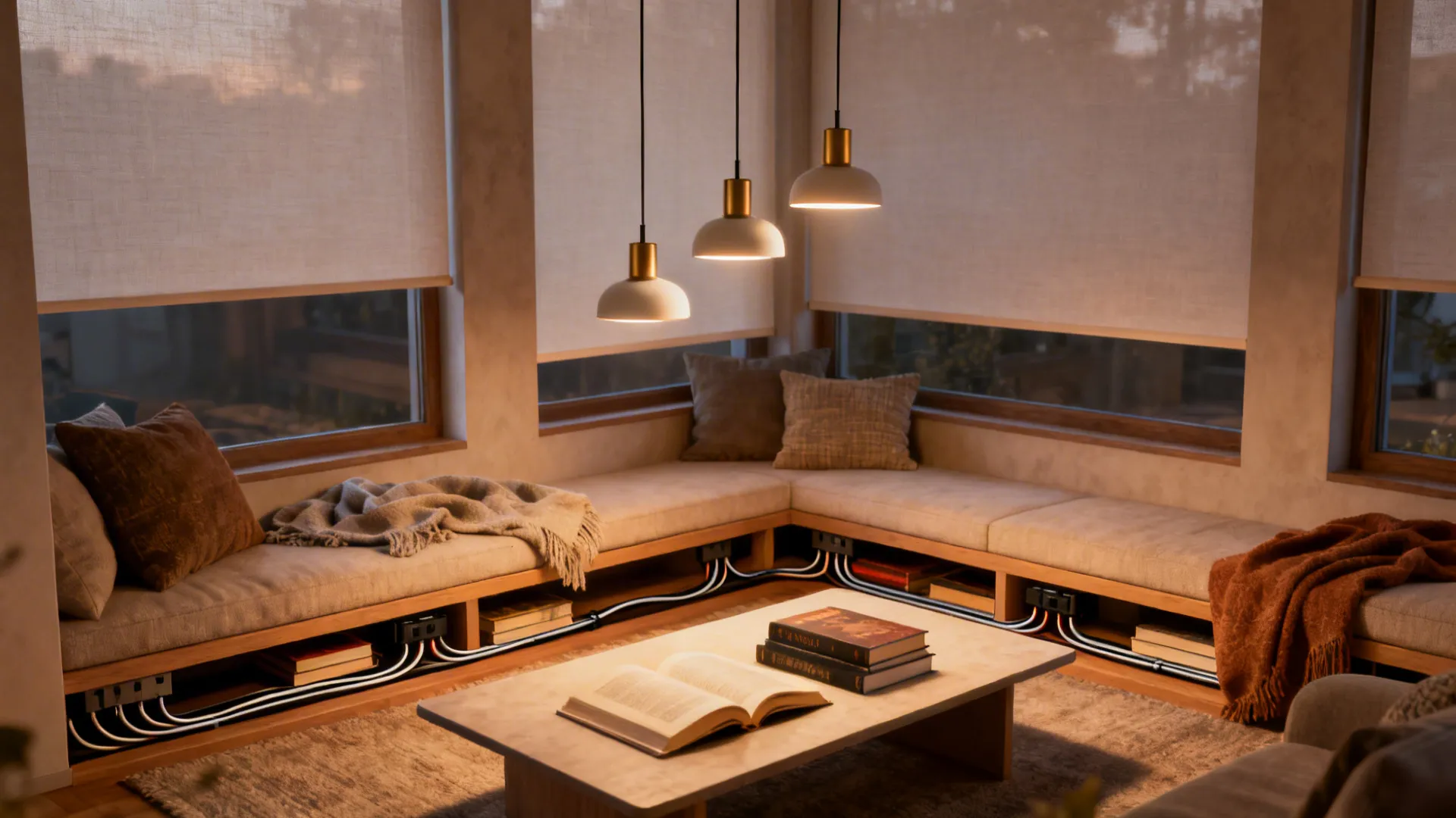 Reading nook with a cluster of three small plug-in pendants at staggered heights.