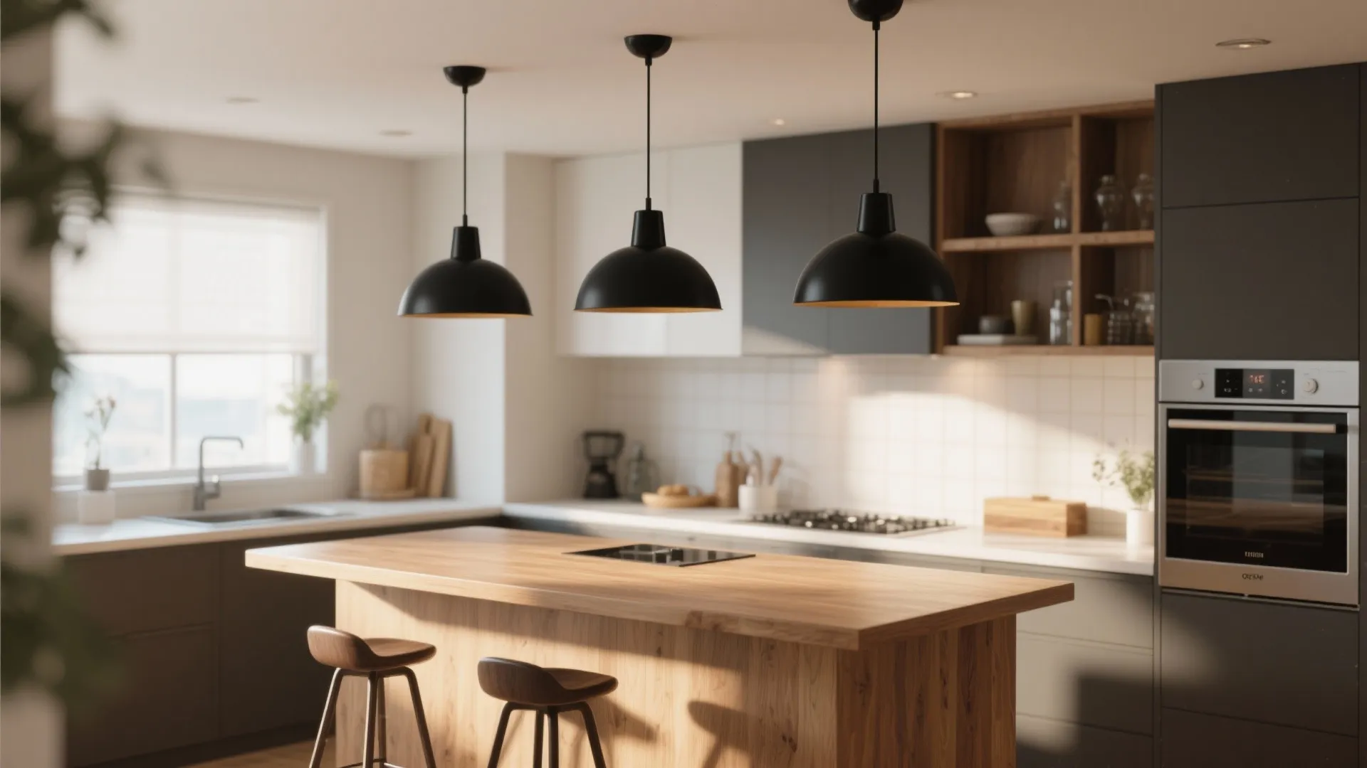 Modern kitchen island with wooden countertop and three black ceiling lights hanging above two barstools
