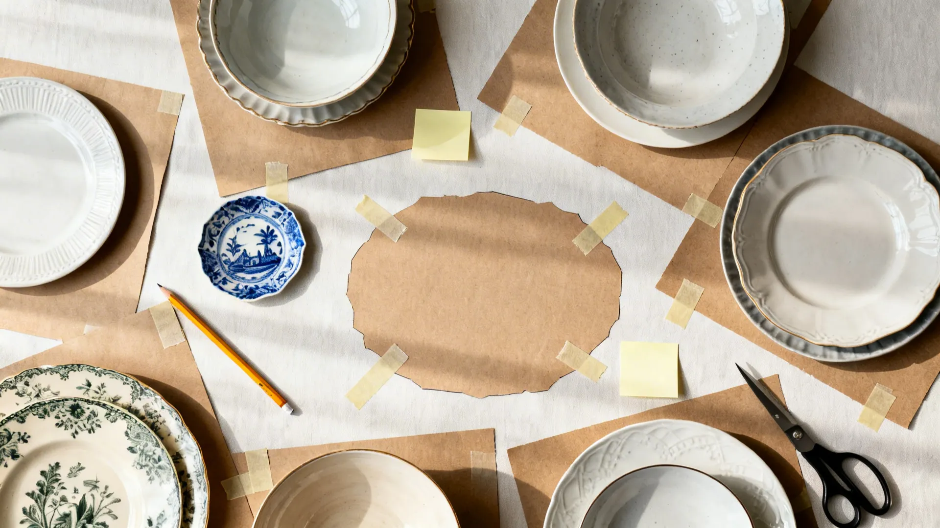 Flat lay of plates and kraft paper templates taped for arranging an organic wall cluster.