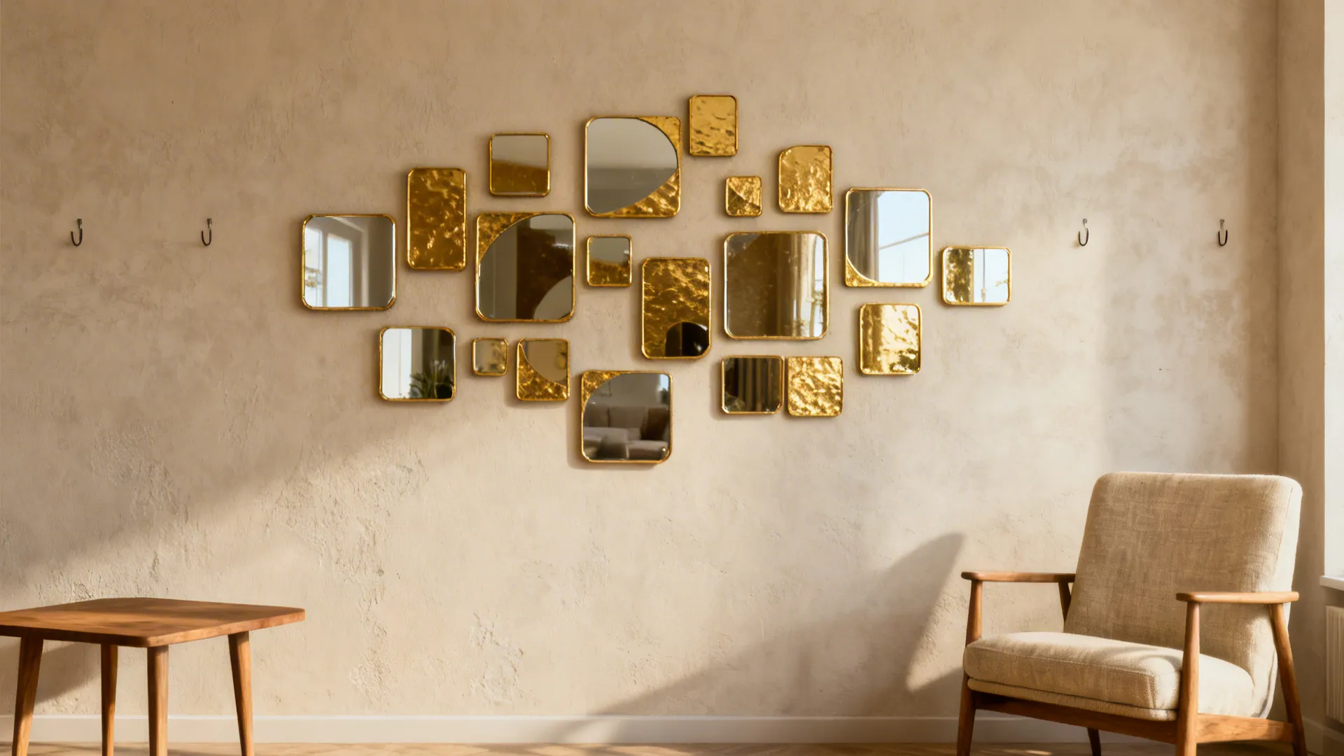 Cluster of small gold mirrors arranged as a playful feature wall in a living room.