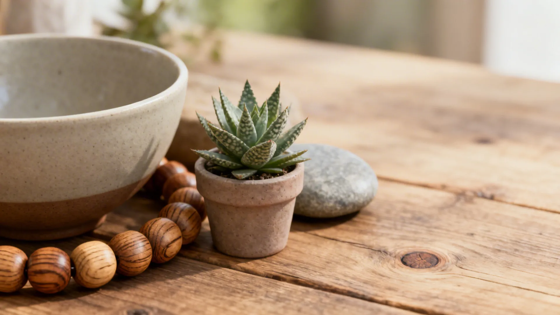 Close-up of a curated cluster: ceramic bowl, wooden beads, small succulent and stone on a table