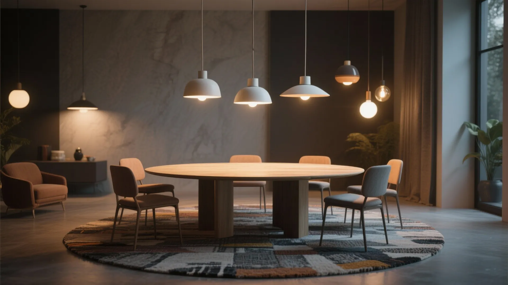 Round table lit by a cluster of three small pendants at varying heights for visual rhythm