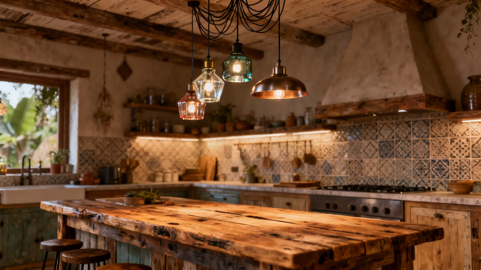 Reclaimed wood island under a cluster of small pendants at varying heights, creating eclectic texture