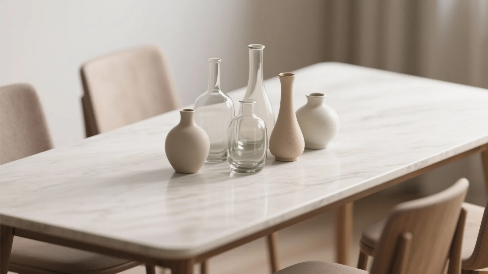 Small vases in mixed materials on rectangle dining table