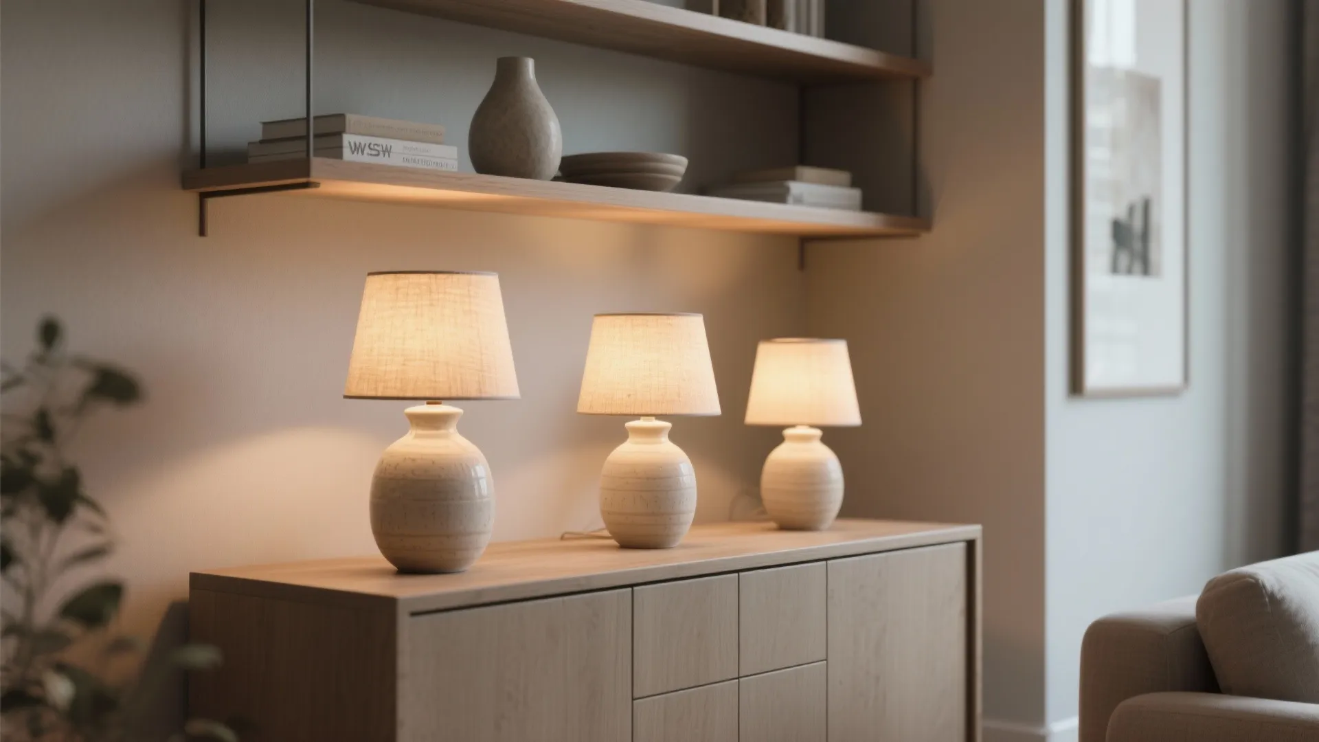 Three small table lamps with beige shades sitting on a wooden cabinet under a shelf