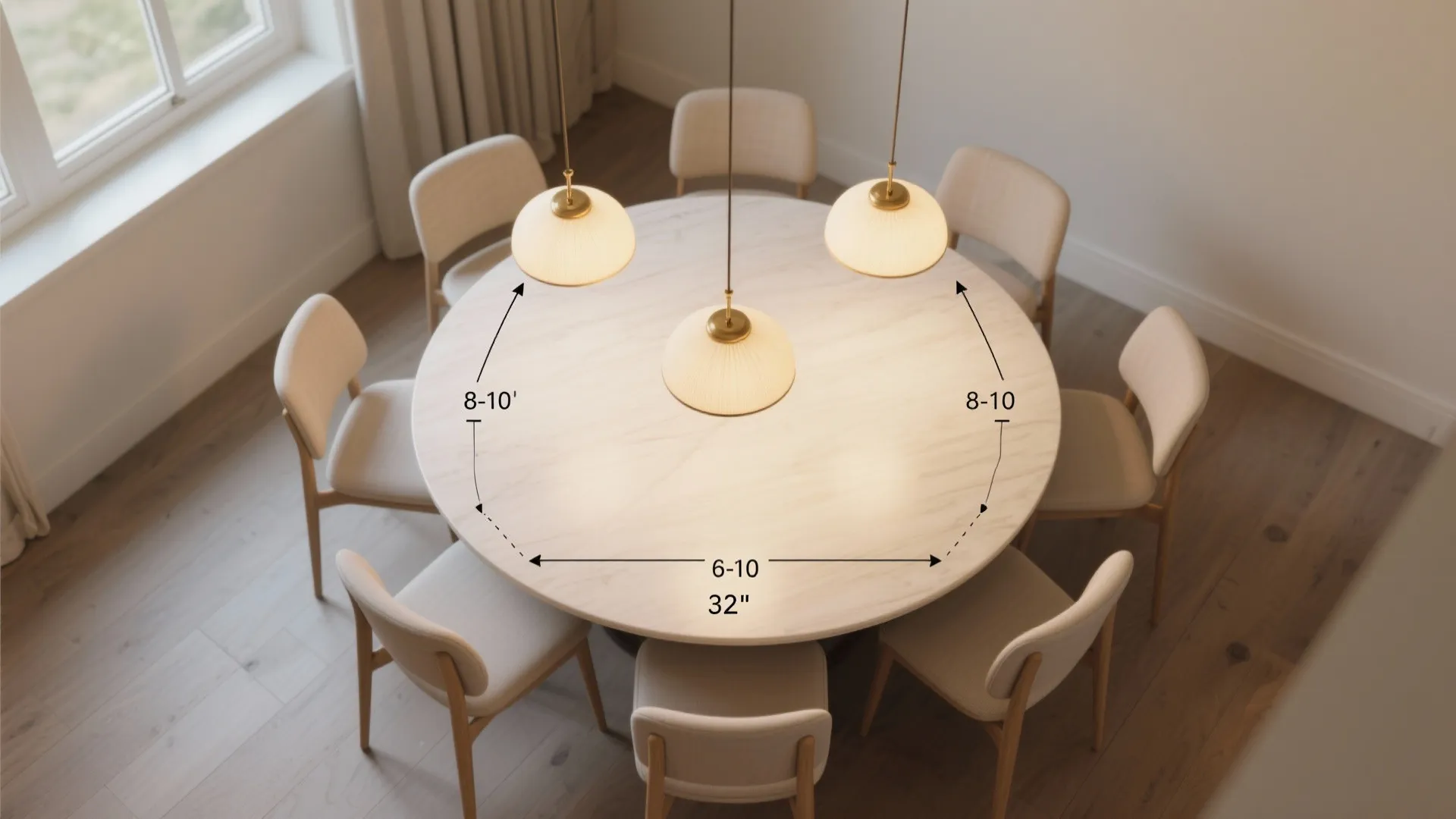 Round marble table with eight chairs and three ceiling lights showing layout and spacing measurement lines
