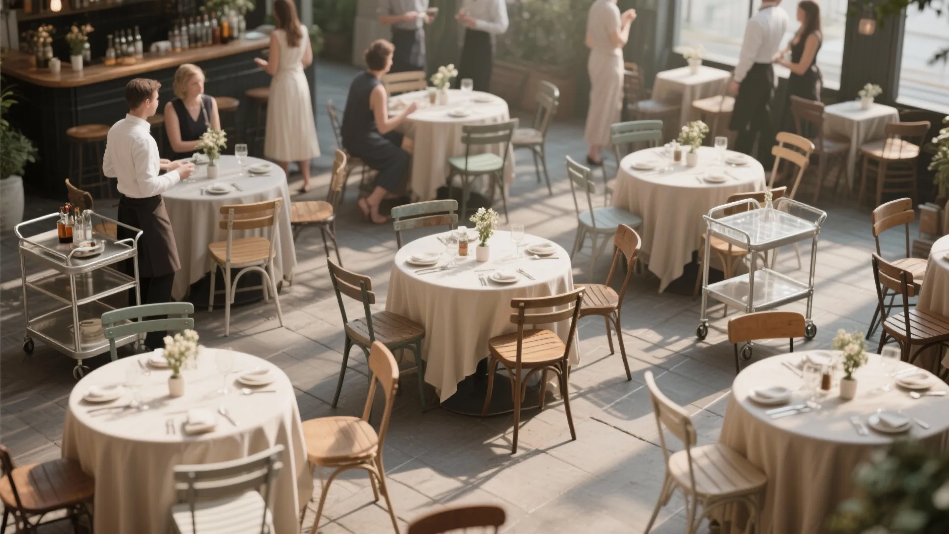 Clustered bistro tables for a café-like small wedding reception with clear circulation and a portable bar cart.