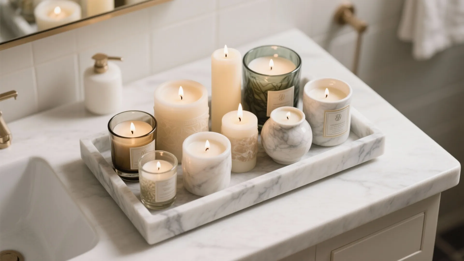 A group of lit scented candles arranged on a marble tray inside a white bathroom