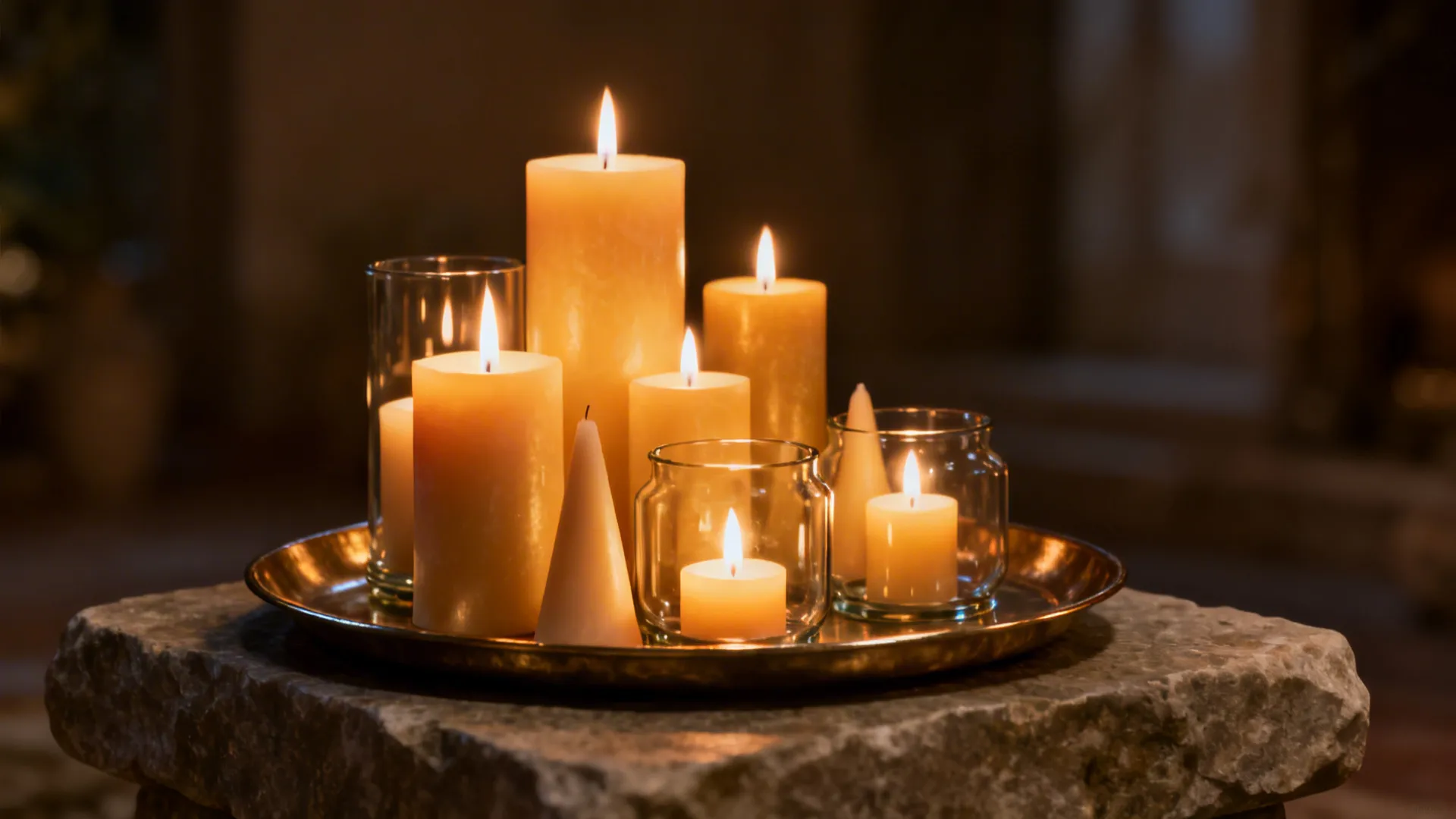 Clustered pillar and tapered candles on a metal tray with glass hurricane holders creating a moody glow