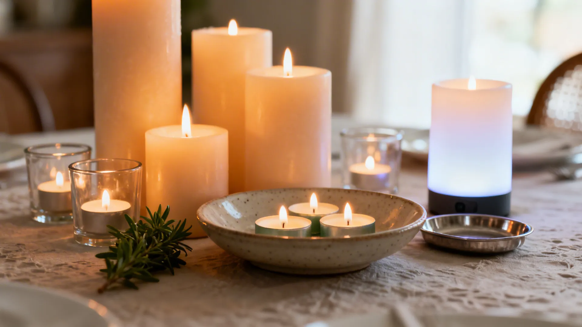 Multiple burning candles of various sizes placed on a dining table create a warm atmosphere