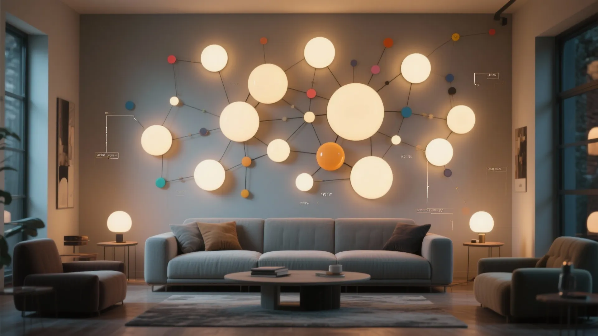 Feature wall above a sofa with clustered circular wall lights arranged like a constellation